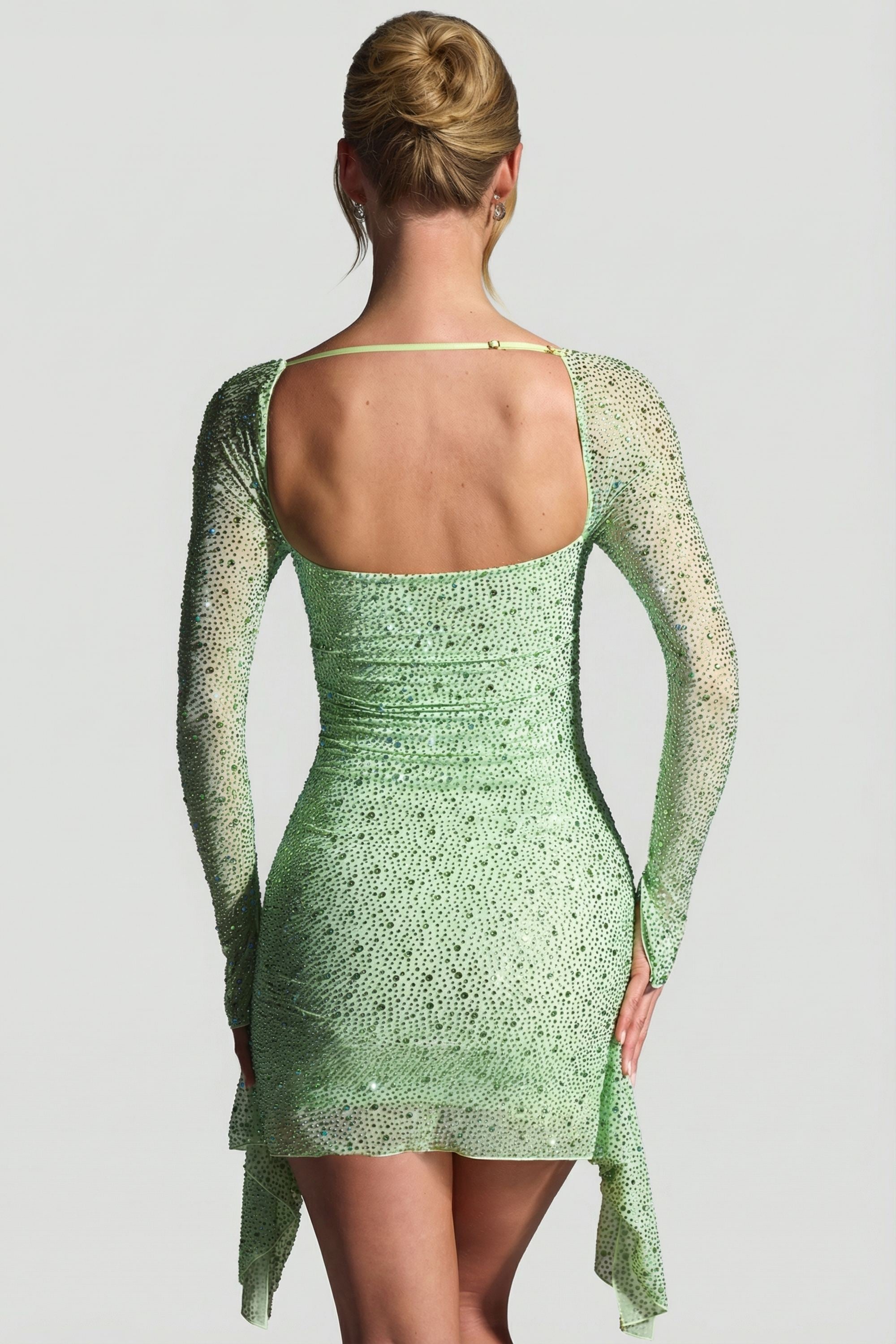 Embellished Draped Cowl-Neck Mini Dress in Pistachio