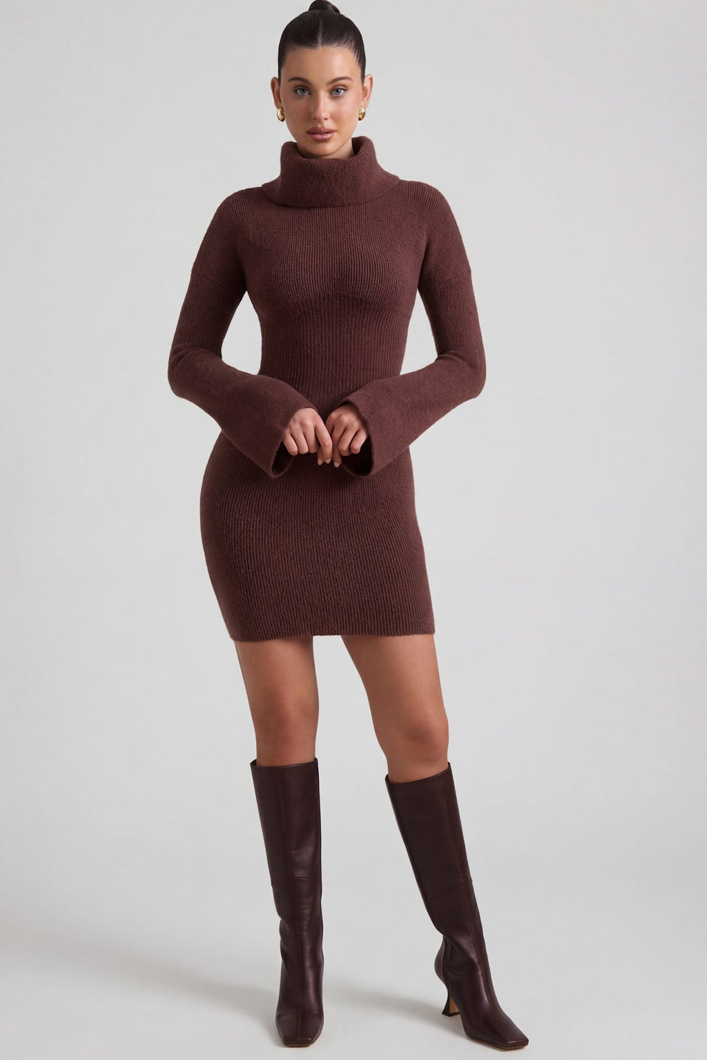 Ribbed-Knit Turtleneck Mini Jumper Dress in Espresso