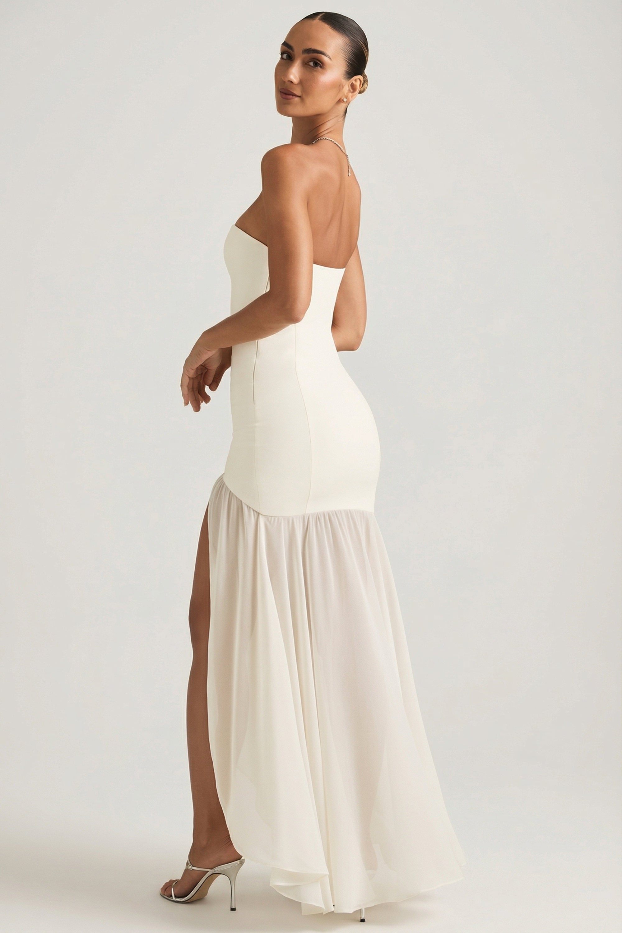 Asymmetric Strapless Fishtail Maxi Dress in Ivory