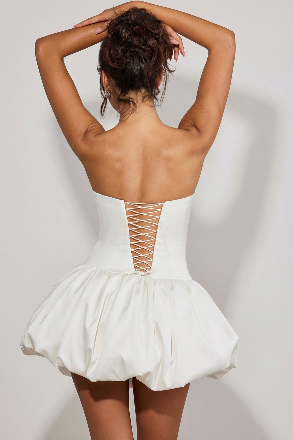 Lace-Up Bubble Hem Corset Micro Mini Dress in White