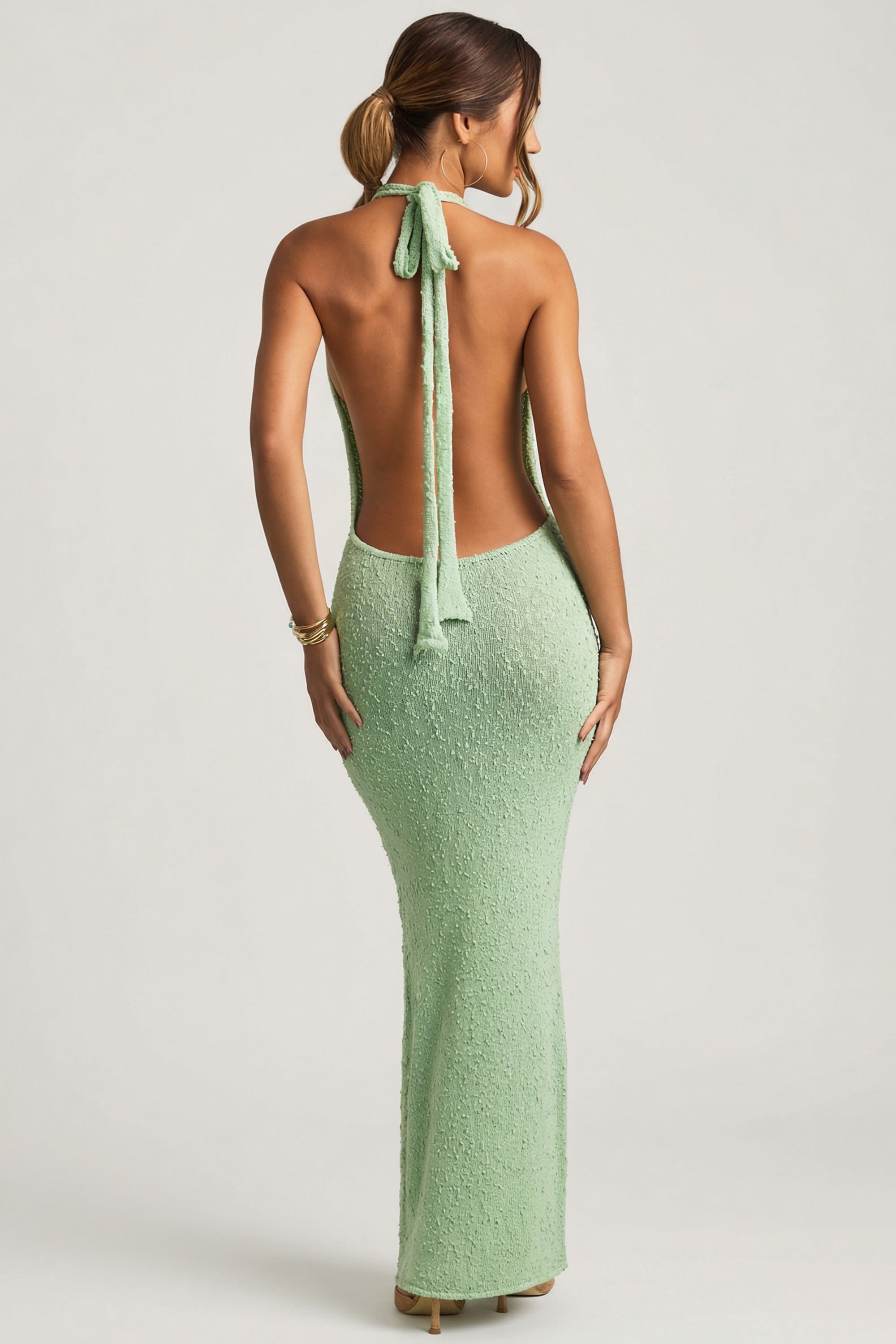 Bouclé Halterneck Maxi Dress in Mint