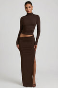 Modal Asymmetric-Waist Maxi Skirt in Chocolate Brown