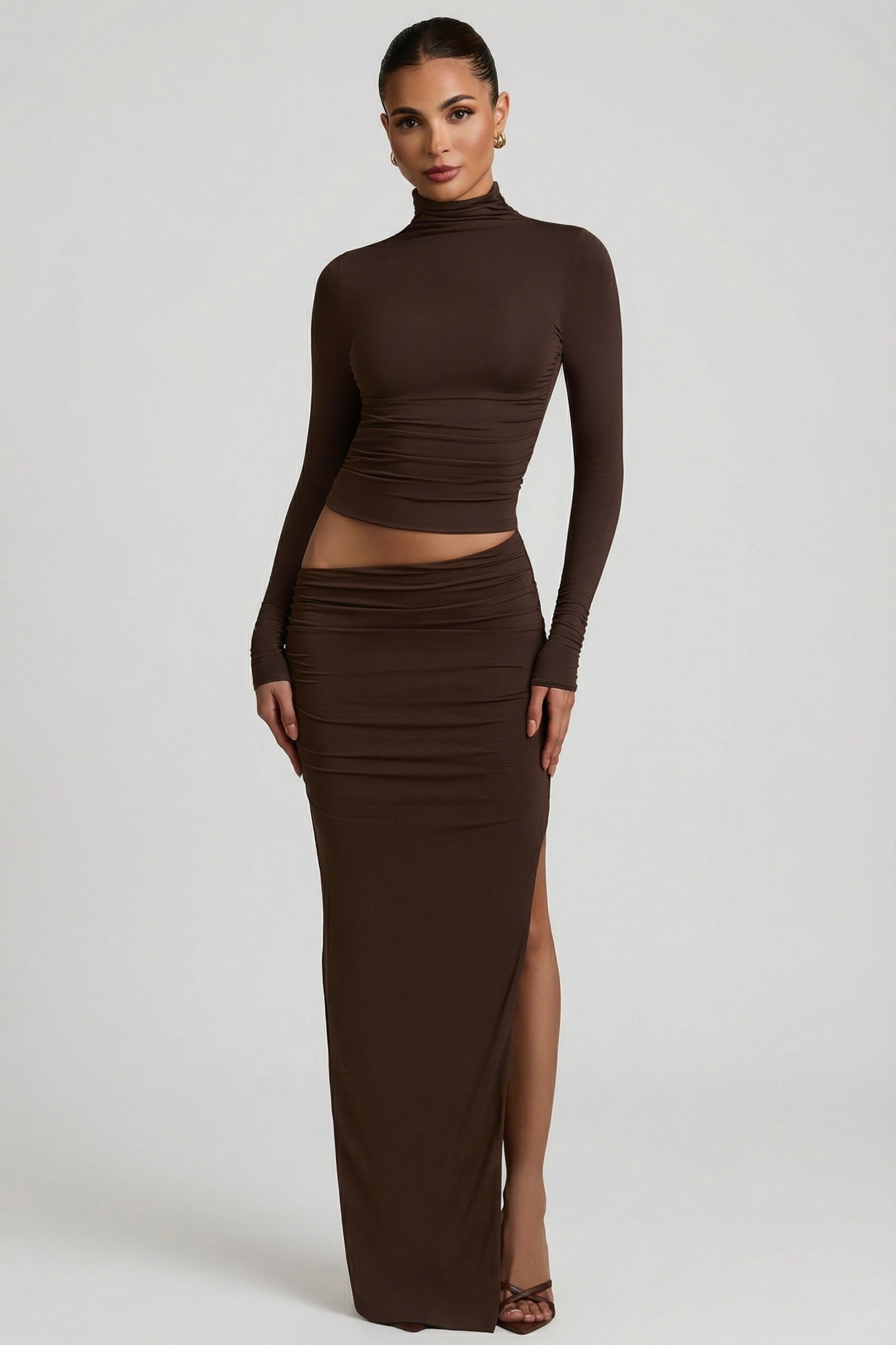Modal Asymmetric-Waist Maxi Skirt in Chocolate Brown