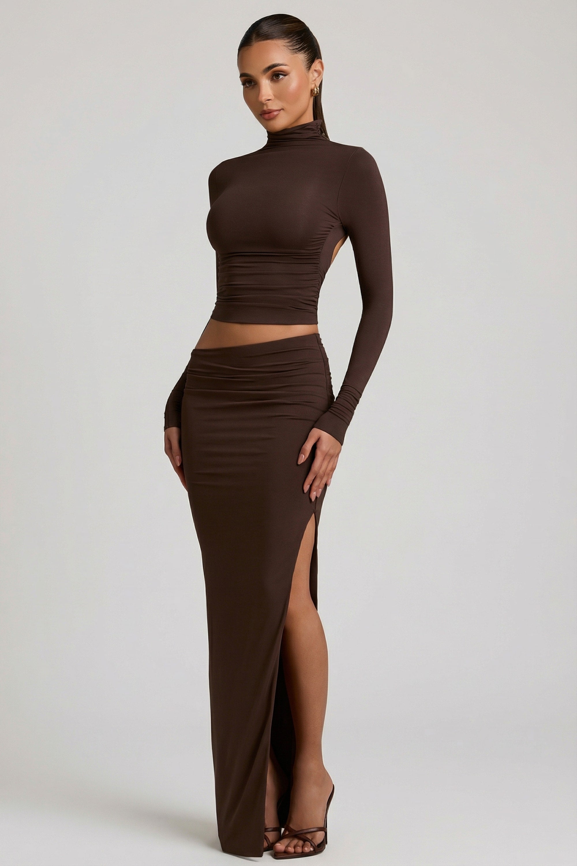 Modal Asymmetric-Waist Maxi Skirt in Chocolate Brown