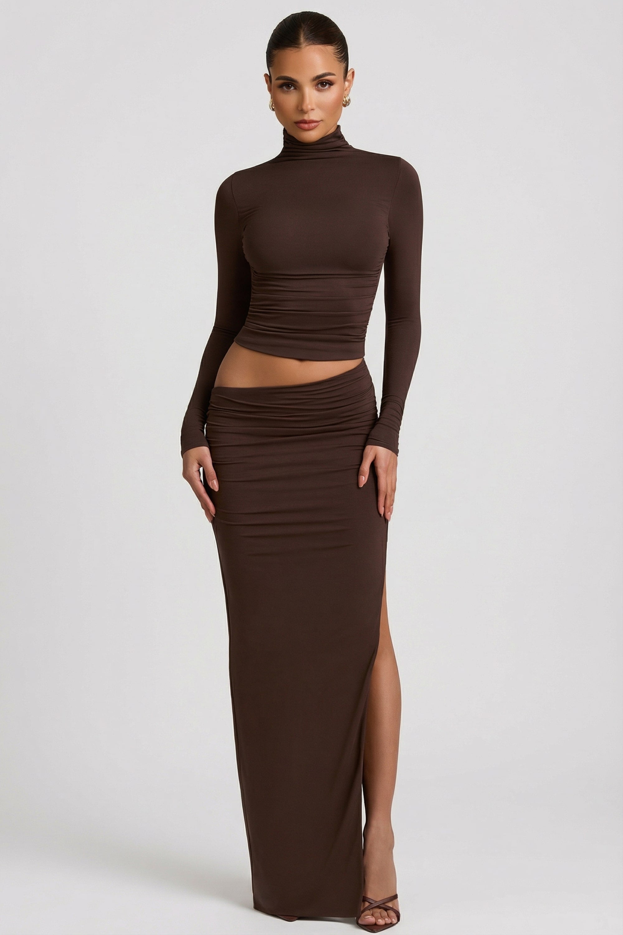 Modal Asymmetric-Waist Maxi Skirt in Chocolate Brown