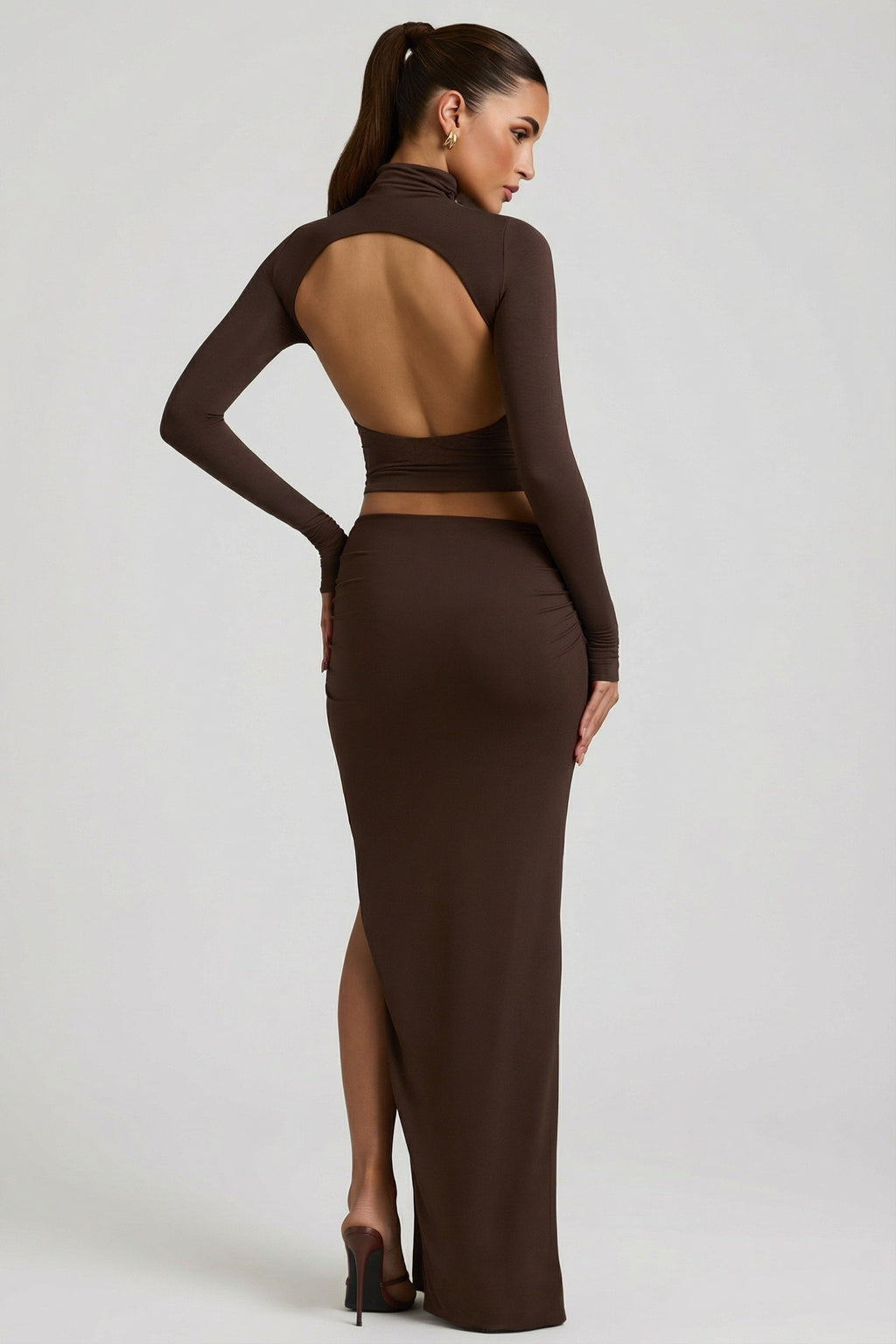 Modal Asymmetric-Waist Maxi Skirt in Chocolate Brown
