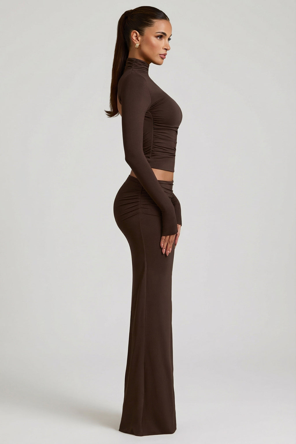 Modal Asymmetric-Waist Maxi Skirt in Chocolate Brown