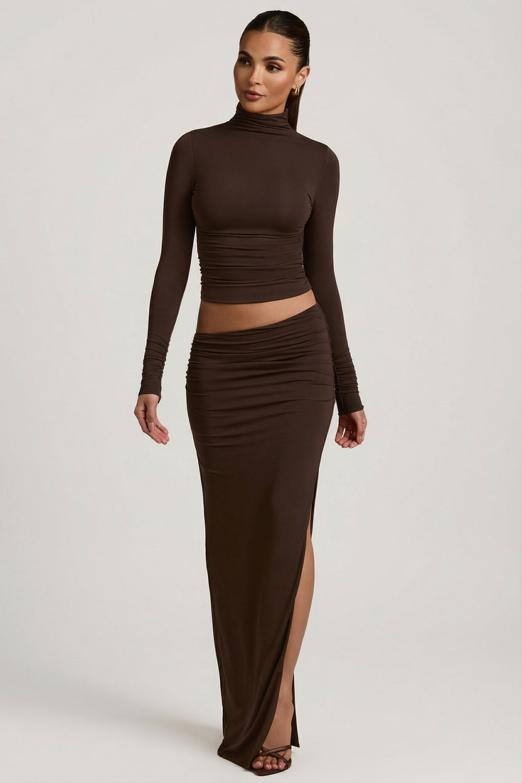Modal Asymmetric-Waist Maxi Skirt in Chocolate Brown