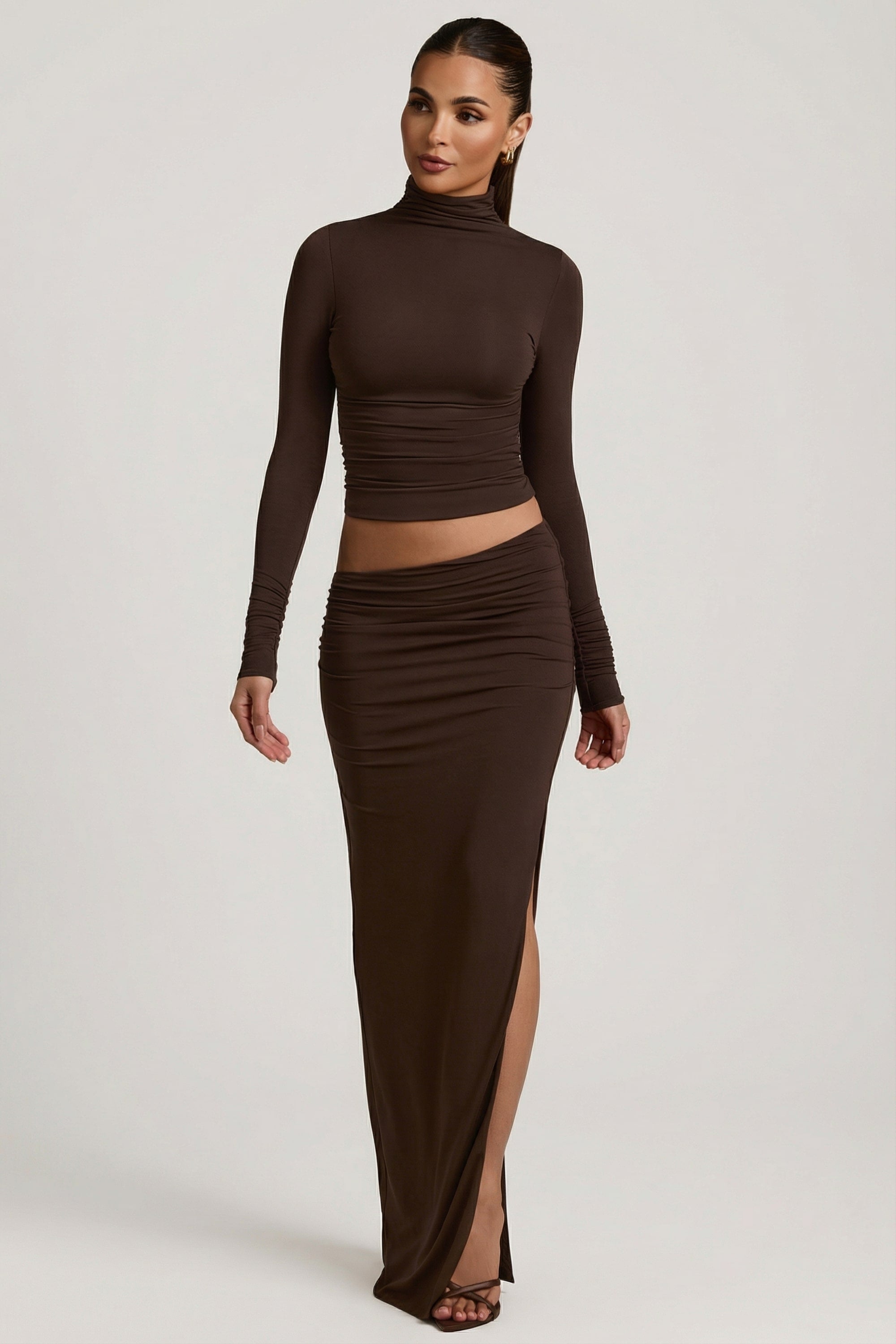 Modal Asymmetric-Waist Maxi Skirt in Chocolate Brown