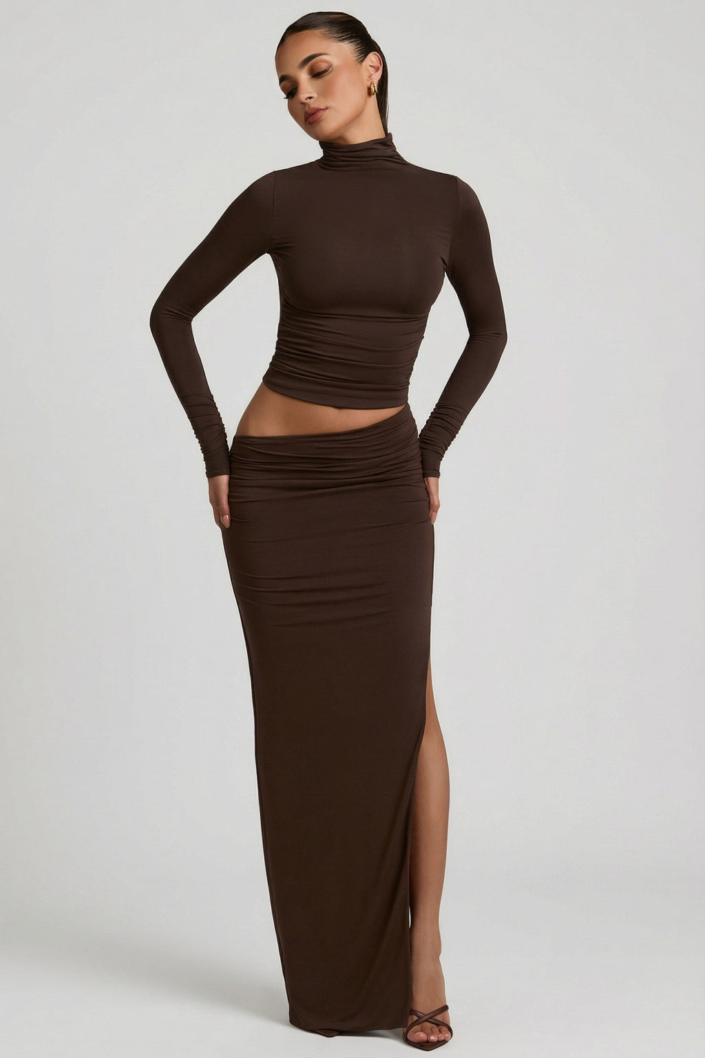Modal Asymmetric-Waist Maxi Skirt in Chocolate Brown