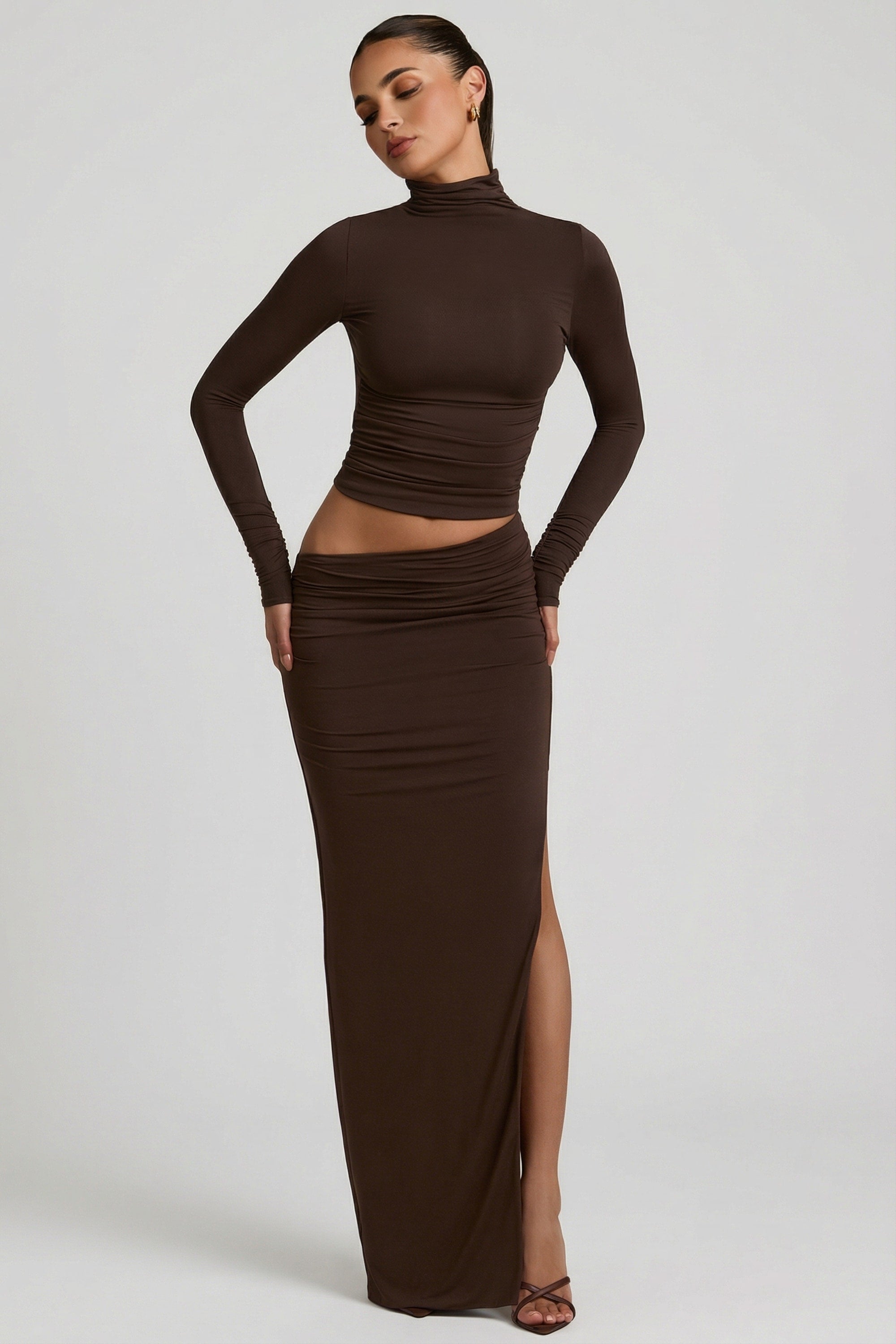 Modal Asymmetric-Waist Maxi Skirt in Chocolate Brown