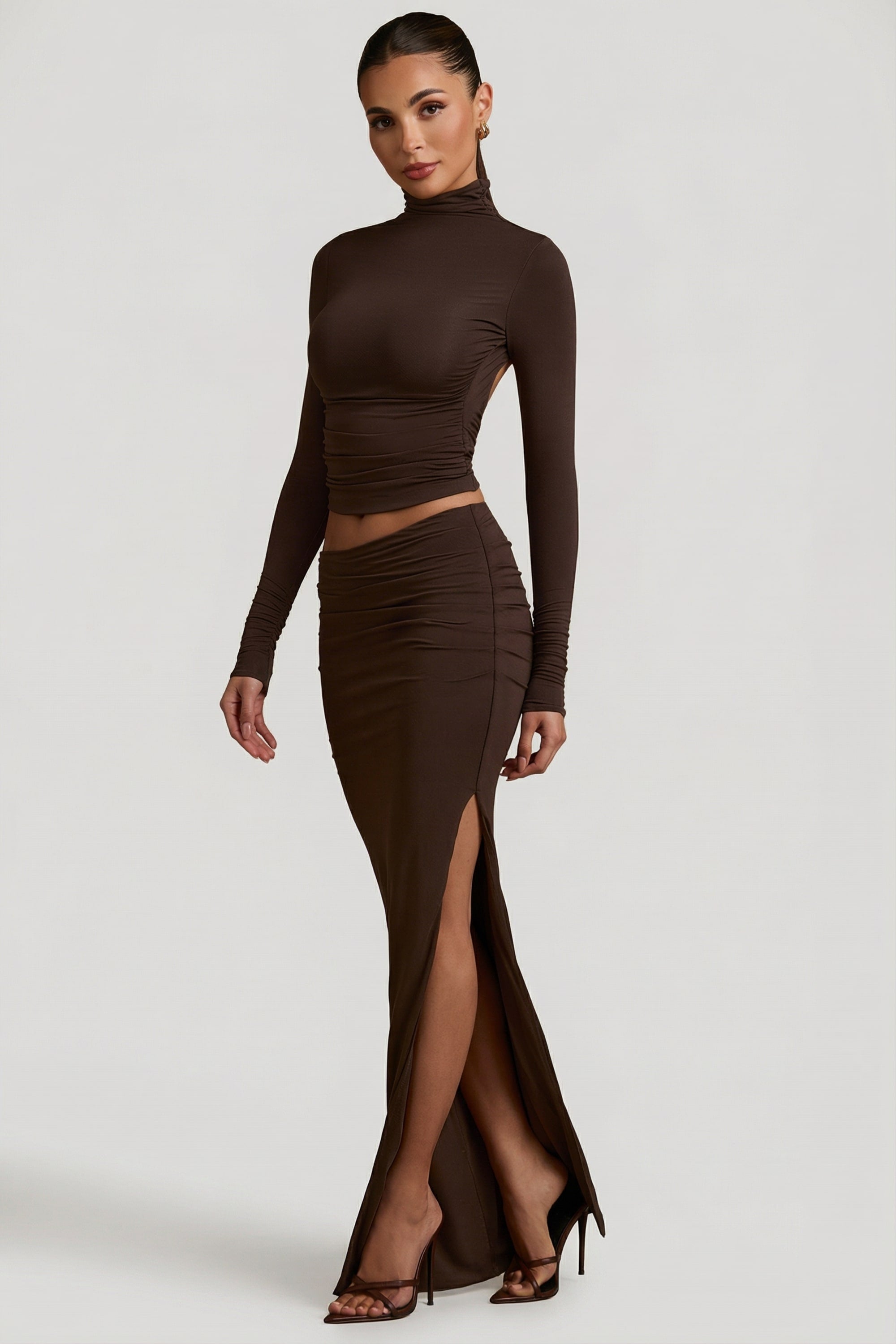 Modal Asymmetric-Waist Maxi Skirt in Chocolate Brown
