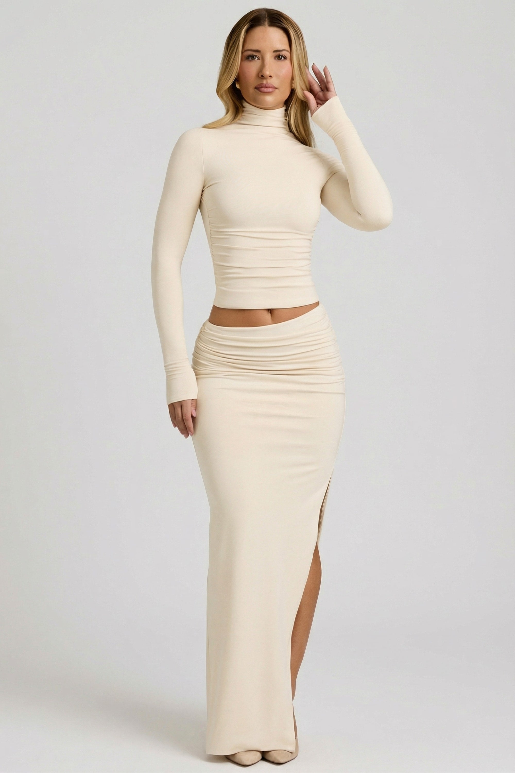 Modal Asymmetric-Waist Maxi Skirt in Ivory