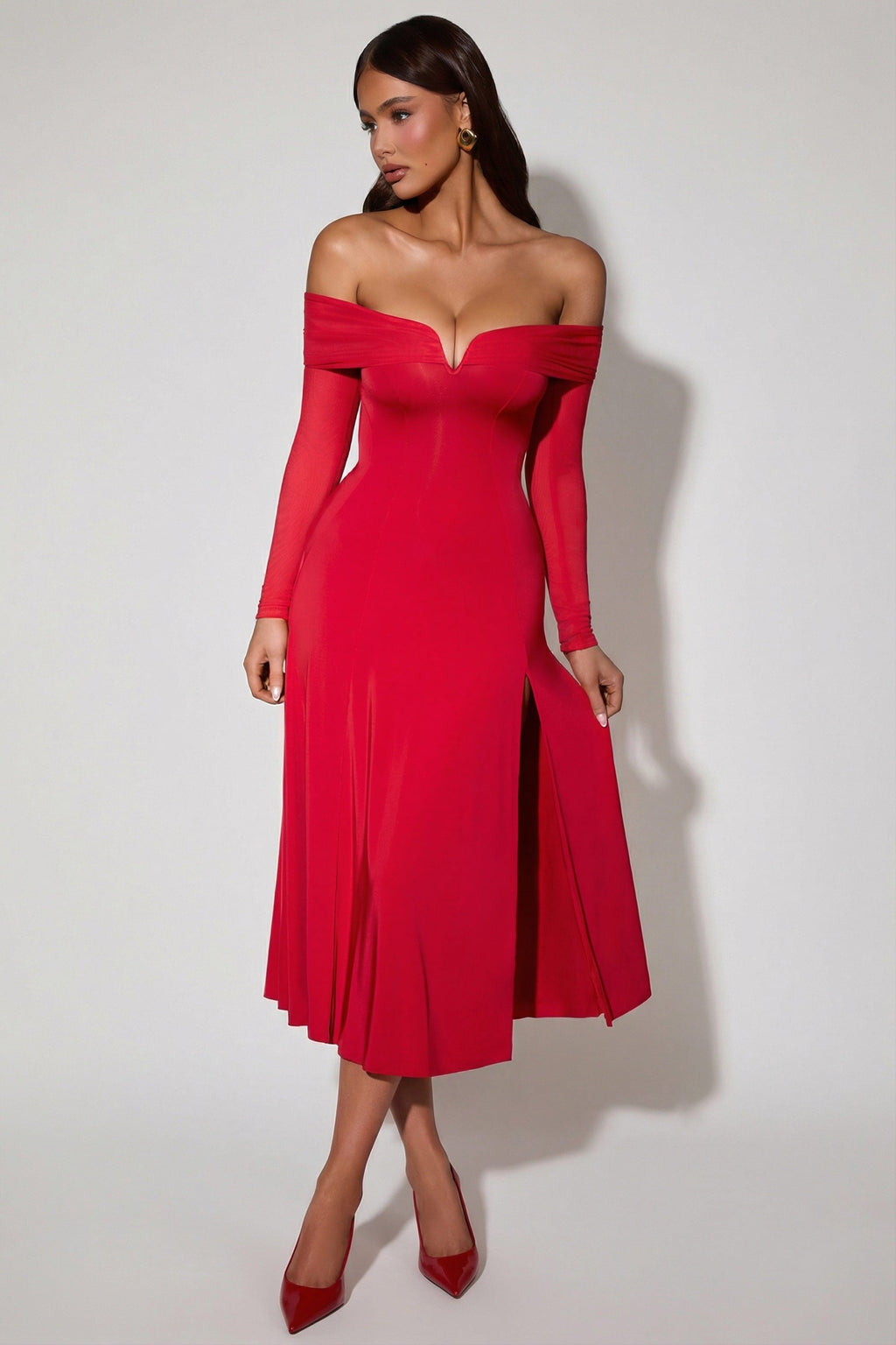 Off-Shoulder Lace-Up A-Line Midaxi Dress in Red