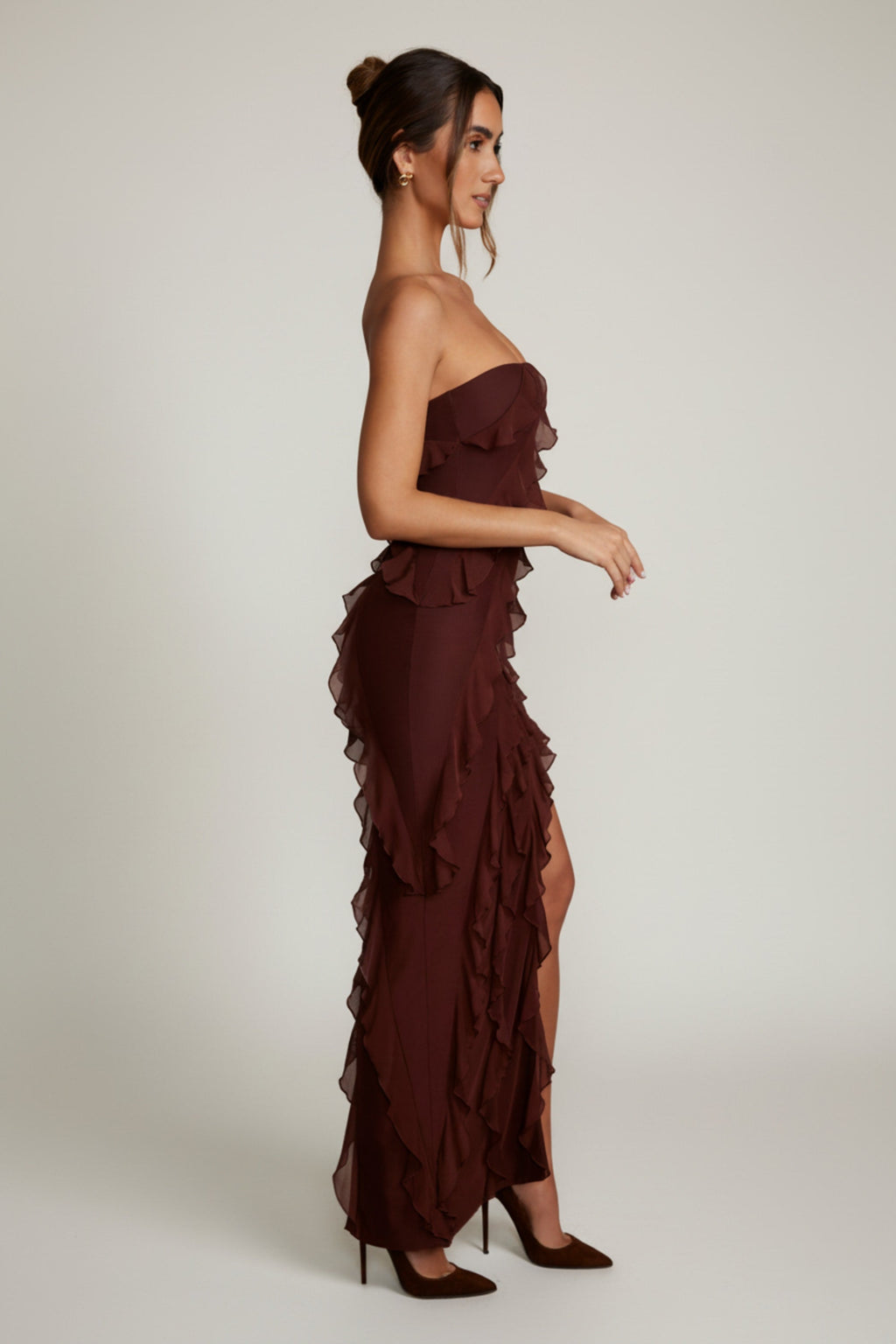 Bandeau Ruffle Detail Maxi Dress in Brown