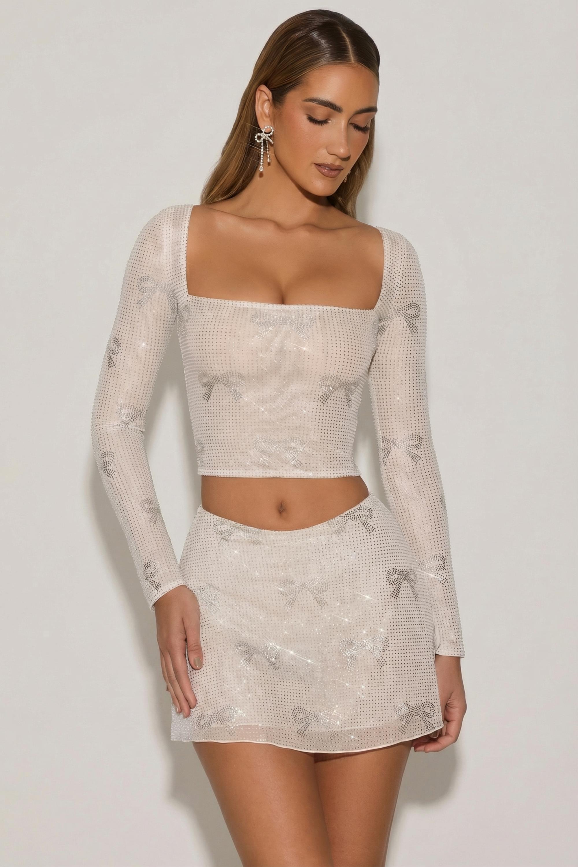 Embellished Mid-Rise A-Line Mini Skirt in Ivory