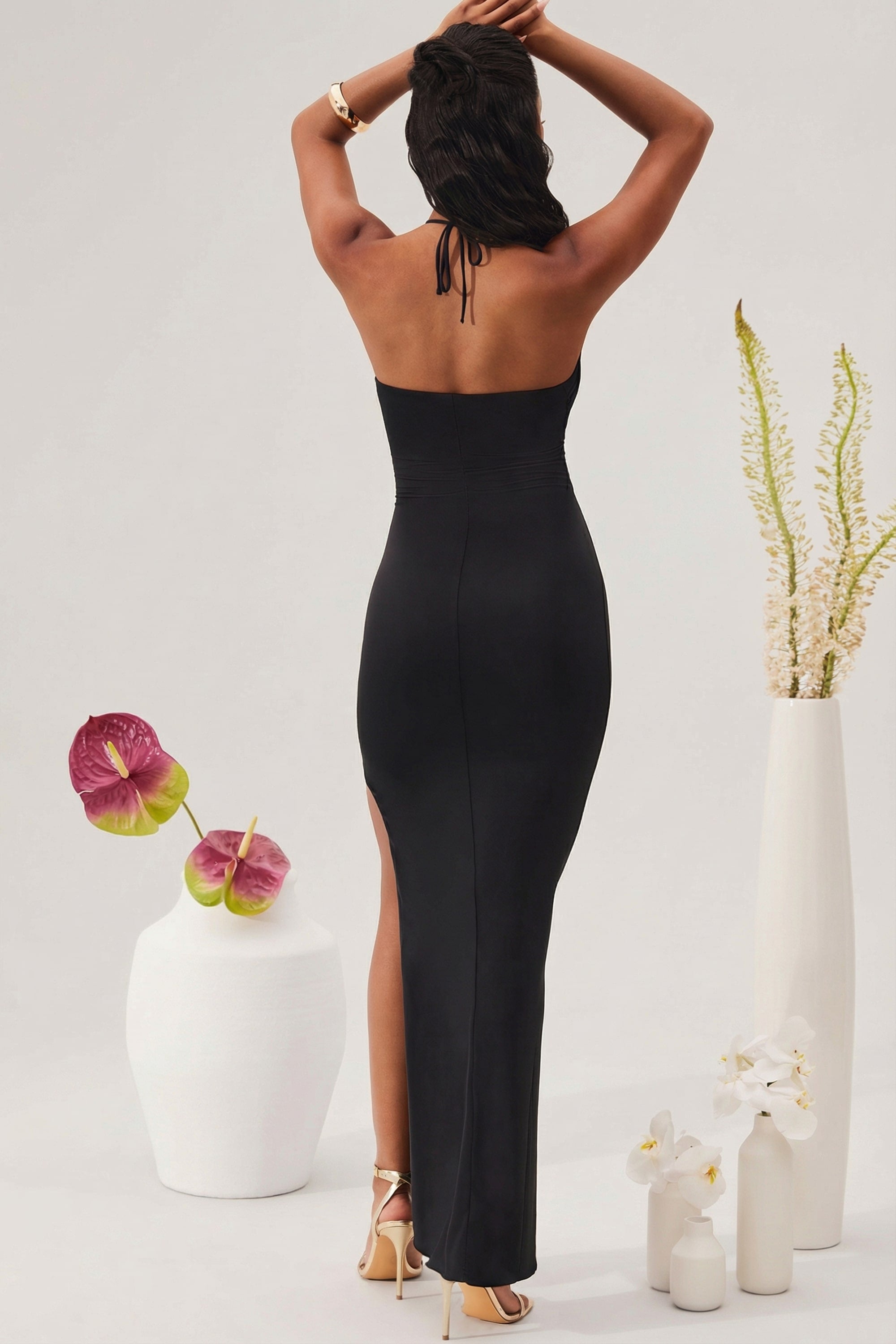 Cut Out Halter Neck Floor Length Maxi Dress in Black