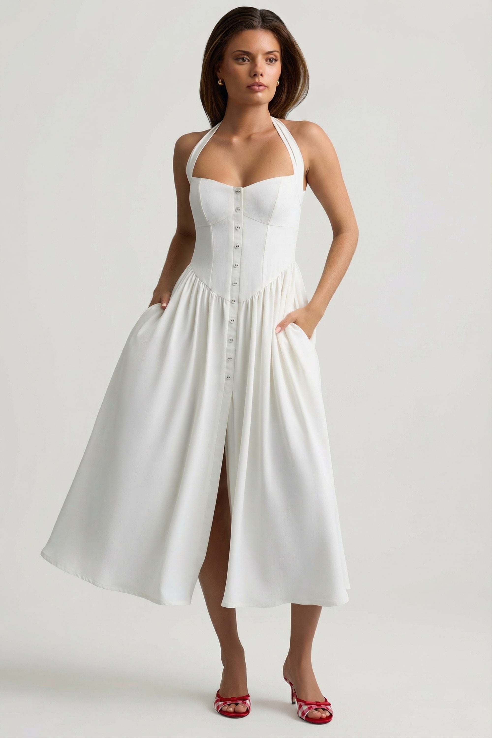 Button-Detail Halterneck Midaxi Dress in White