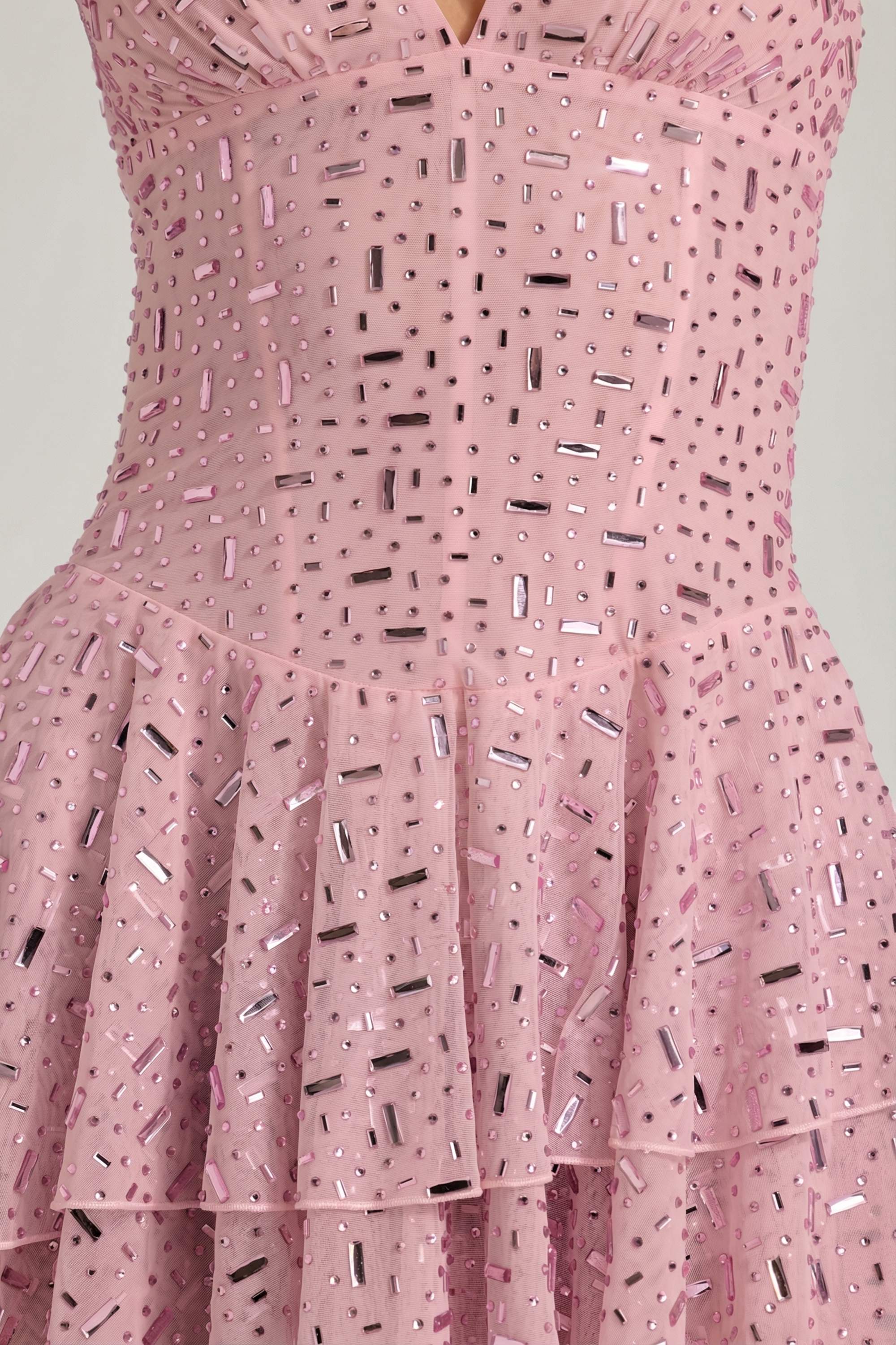 Embellished Ruffled Tiered Mini Dress in Pink