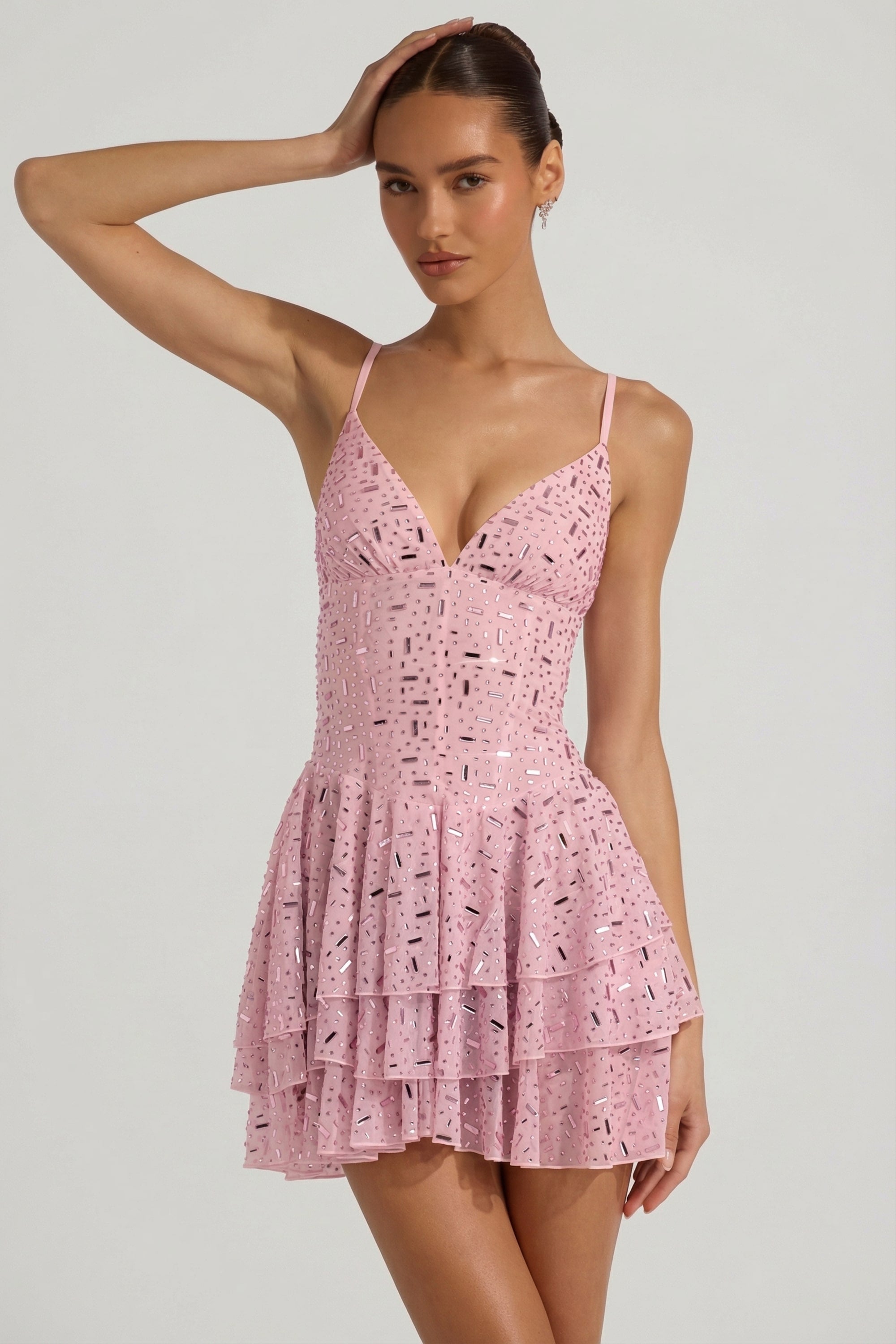 Embellished Ruffled Tiered Mini Dress in Pink