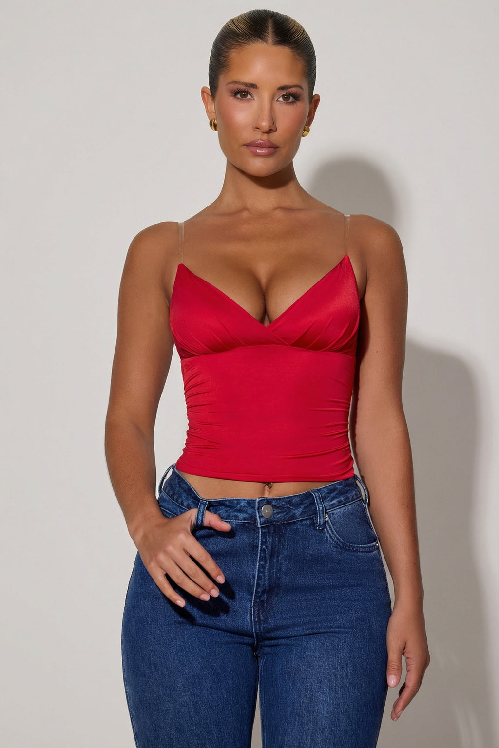 Ruched Plunge-Neck Camisole Top in Red