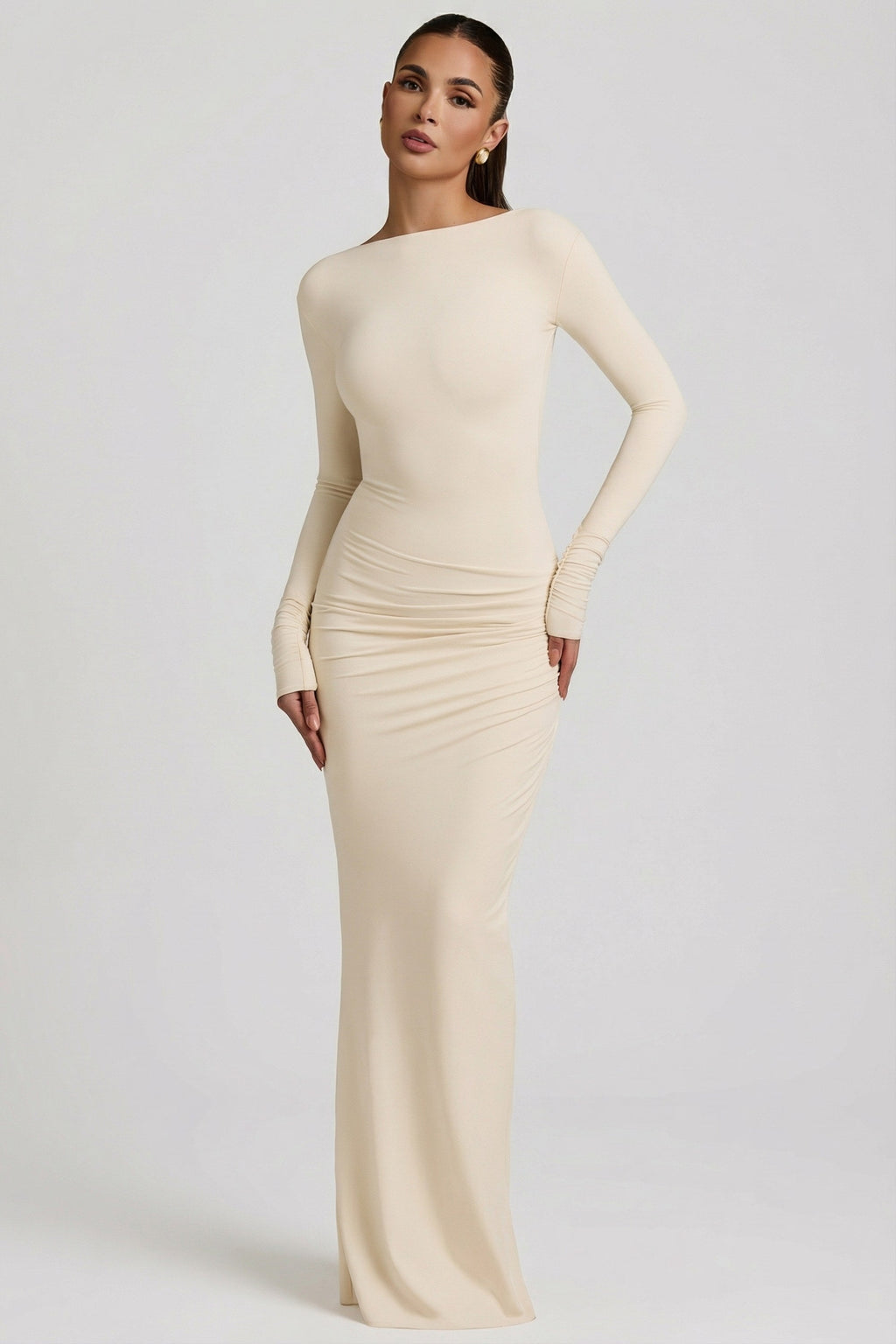 Modal Ruched Backless Maxi Dress in Ivory