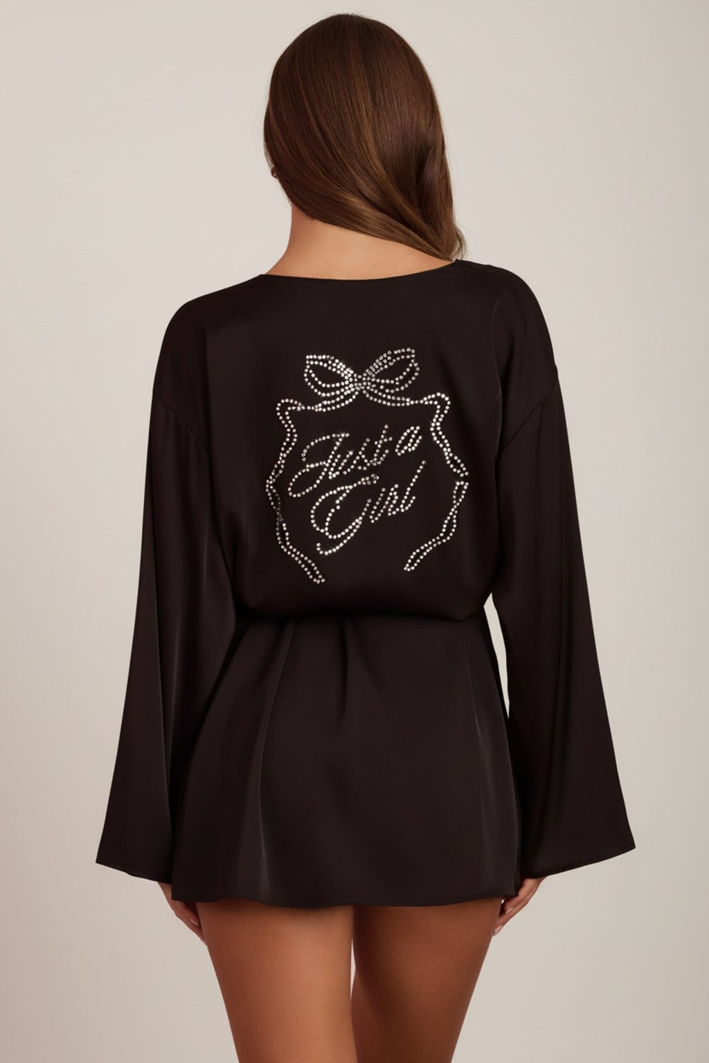 Embellished Loose-Fit Wrap-Over Robe in Black