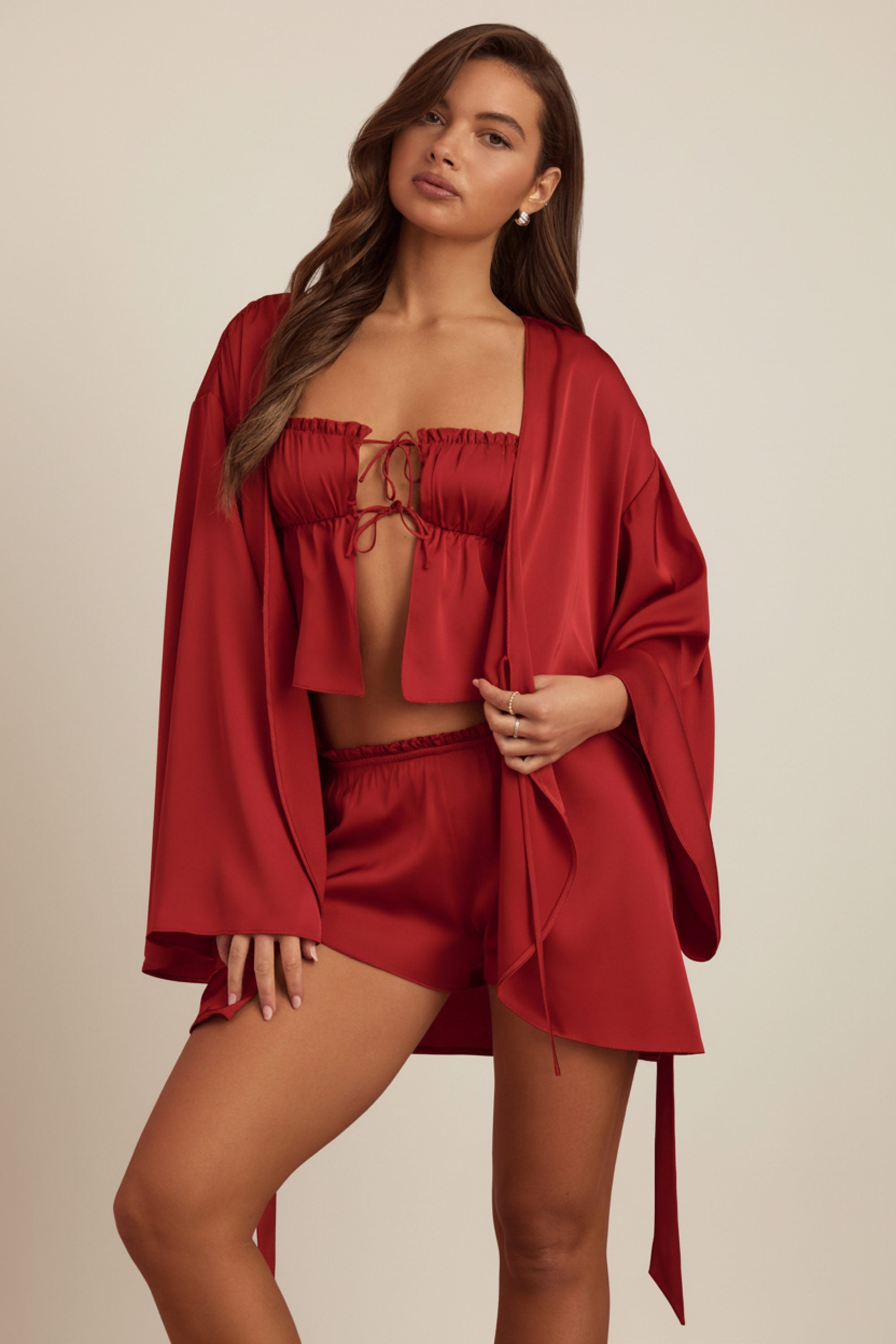 Embellished Loose-Fit Wrap-Over Robe in Ruby Red