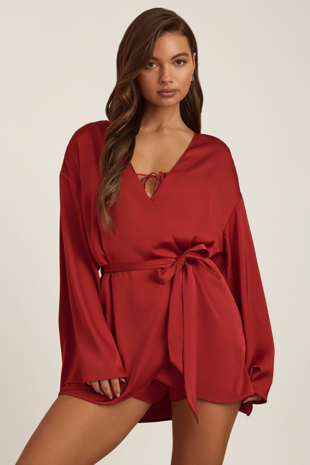 Embellished Loose-Fit Wrap-Over Robe in Ruby Red