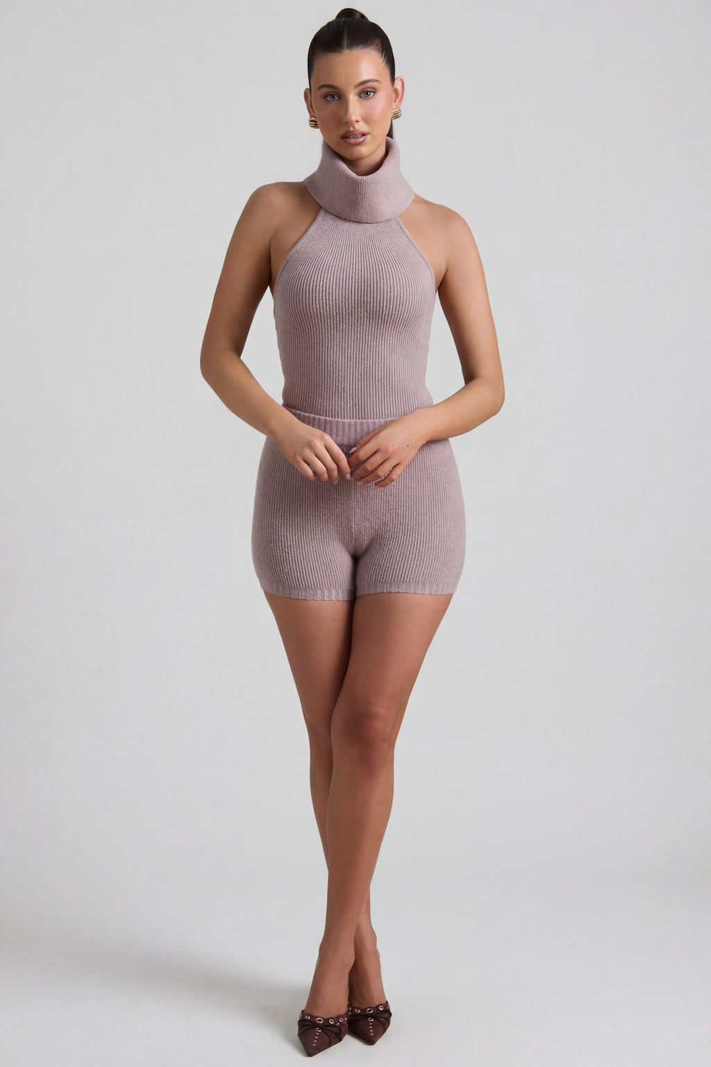 Ribbed-Knit Shorts in Taupe