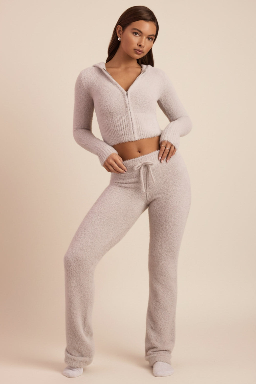 Fluffy Knit Wide-Leg Trousers in Cloud Grey