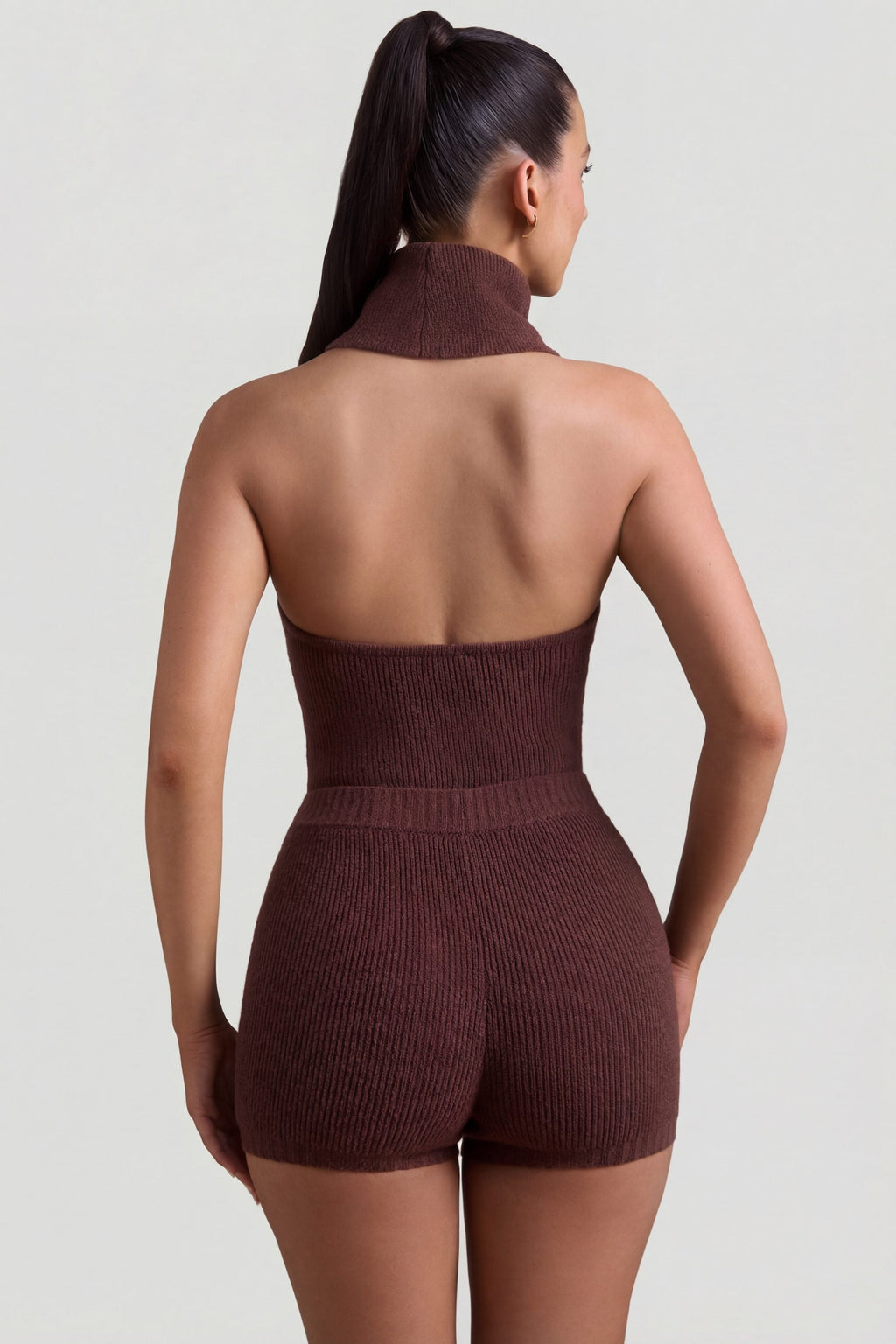 Ribbed-Knit Turtleneck Backless Top in Espresso