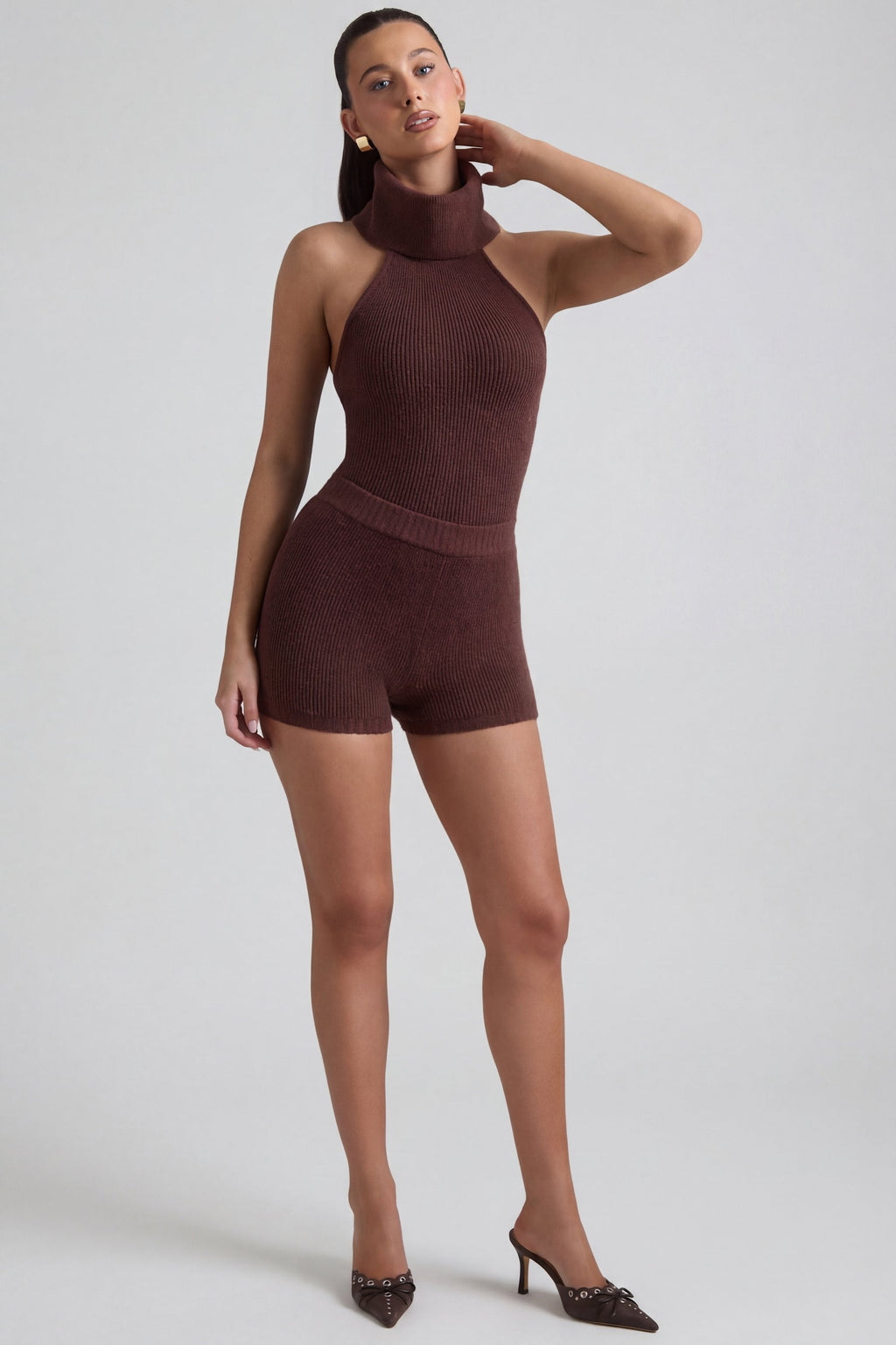Ribbed-Knit Turtleneck Backless Top in Espresso