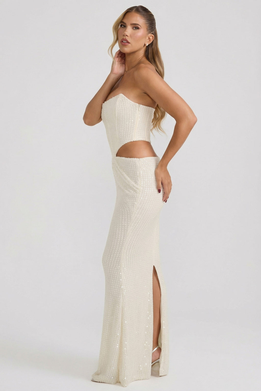 Embellished Cut-Out Draped Corset Gown in White