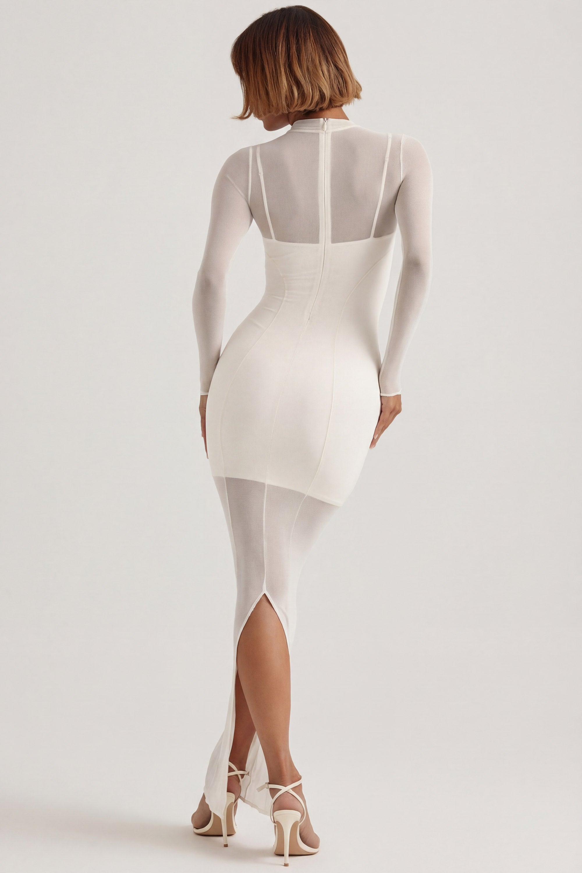 Long Sleeve Sheer Layered Maxi Dress in Ivory