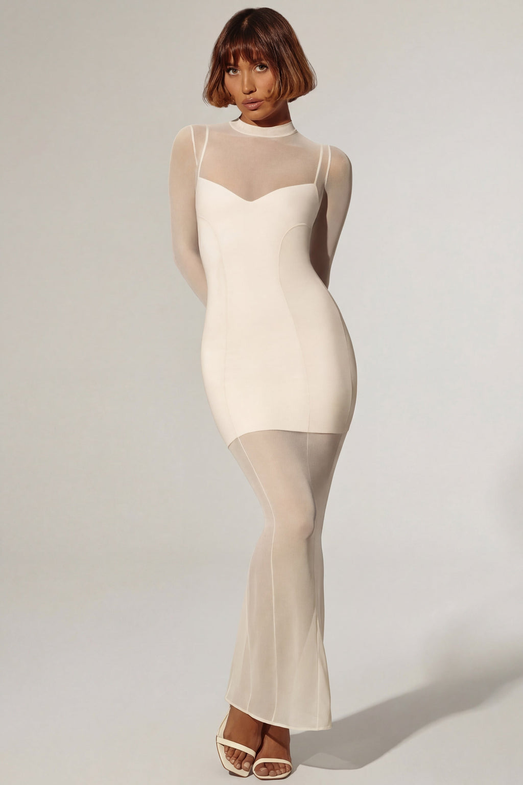 Long Sleeve Sheer Layered Maxi Dress in Ivory