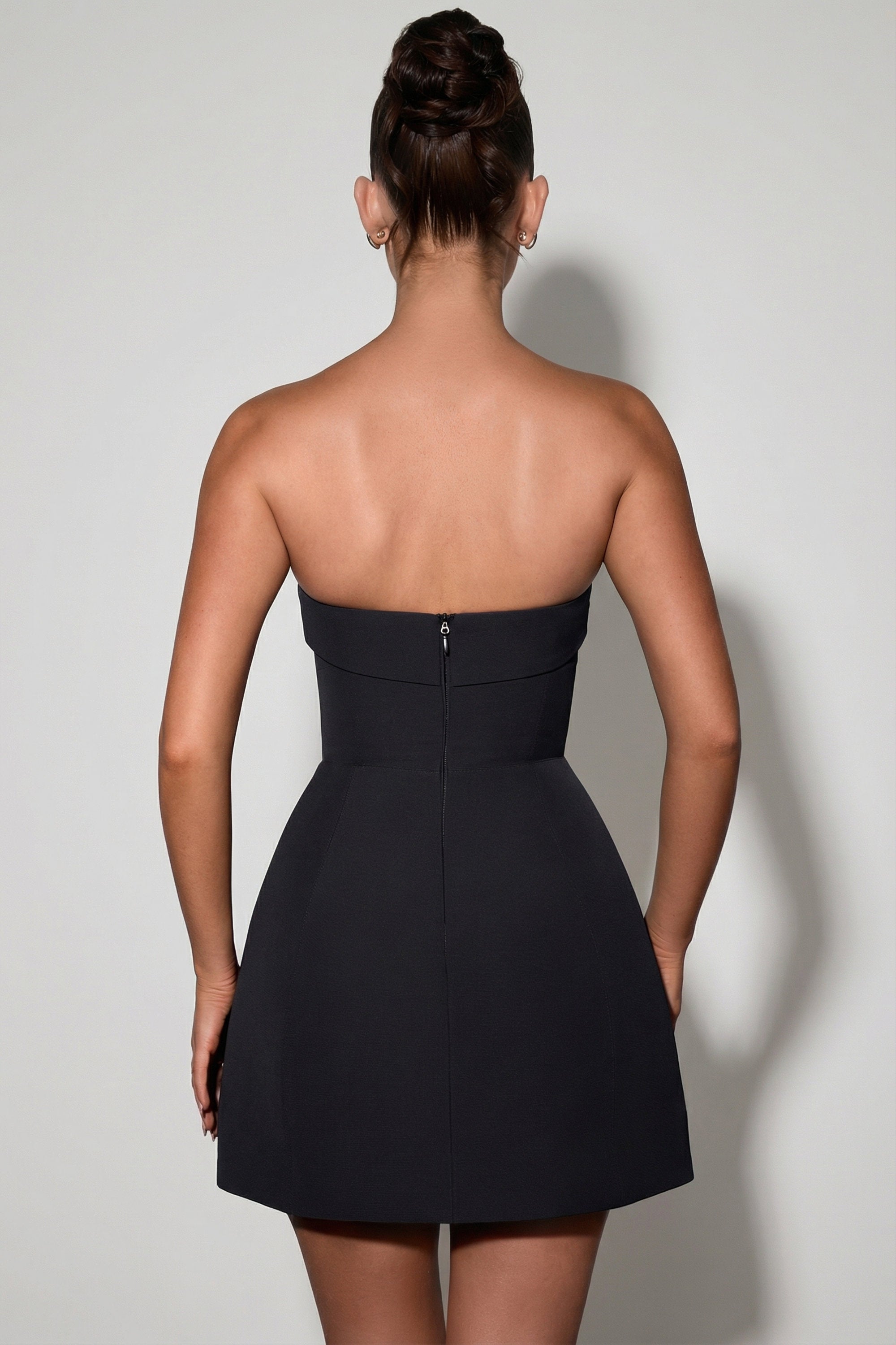 Foldover-Neck Strapless Structured A-Line Mini Dress in Black