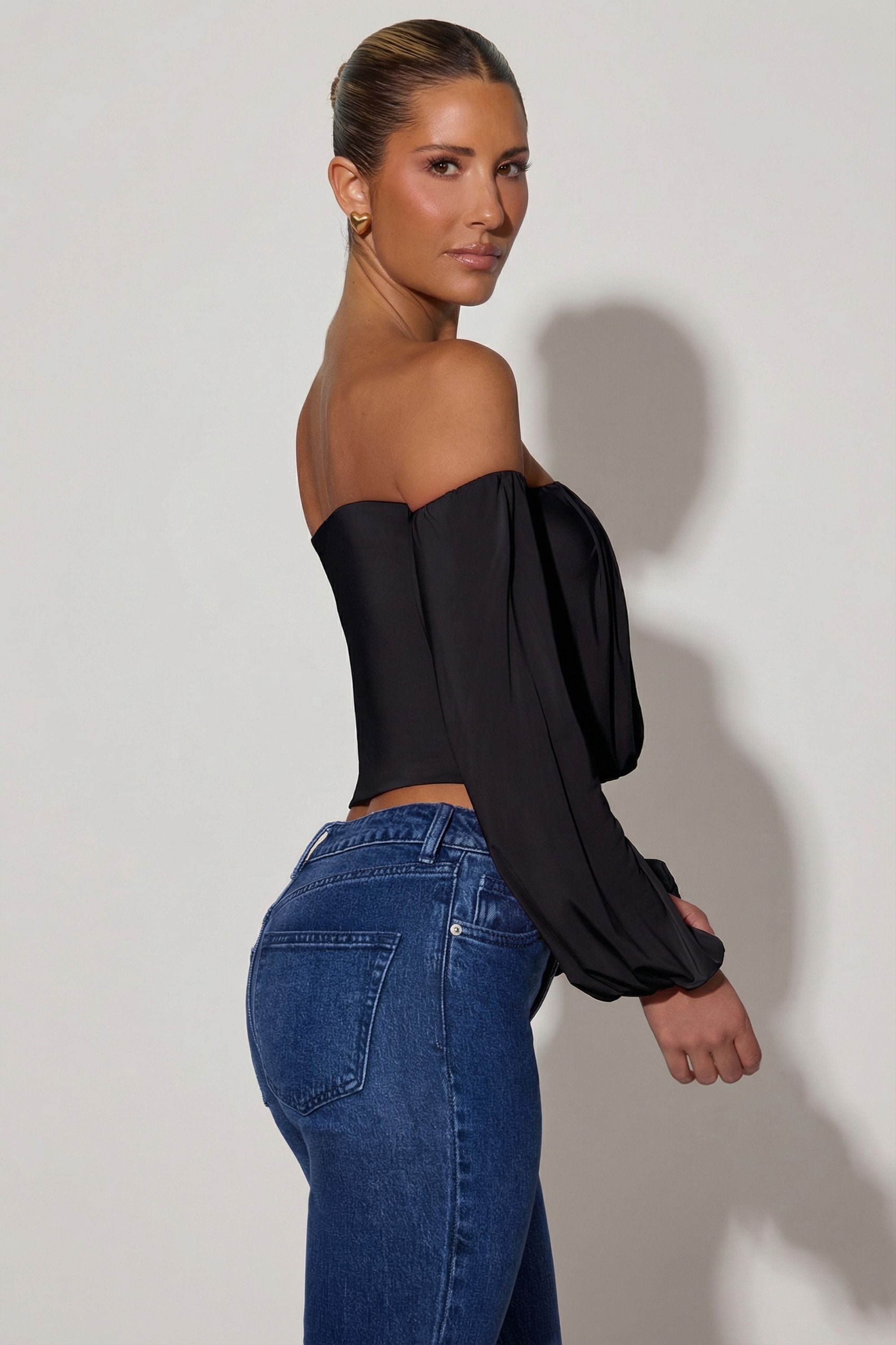 Off-Shoulder Draped Balloon-Sleeve Top in Black