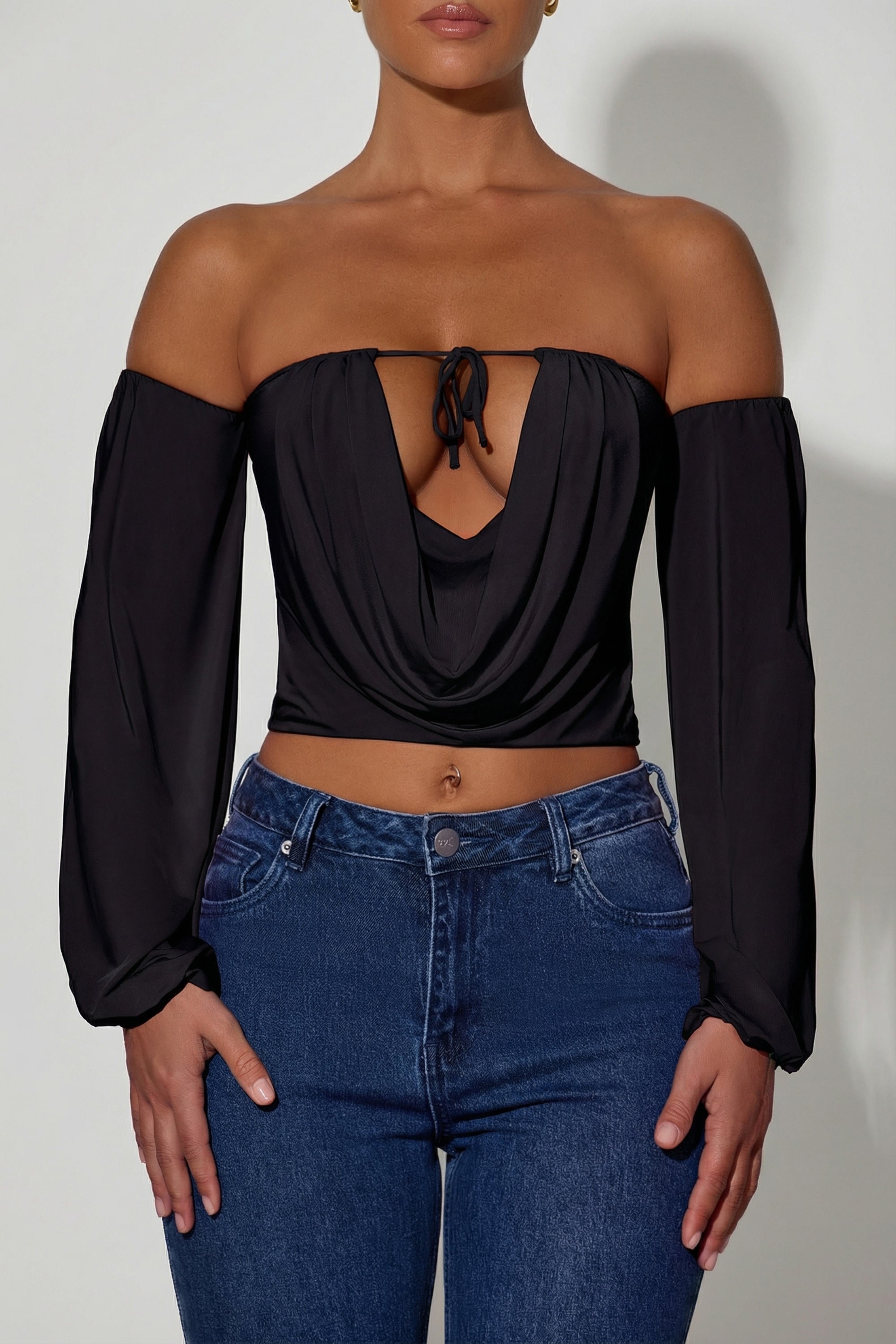 Off-Shoulder Draped Balloon-Sleeve Top in Black