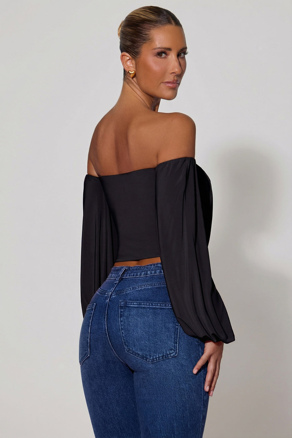 Off-Shoulder Draped Balloon-Sleeve Top in Black
