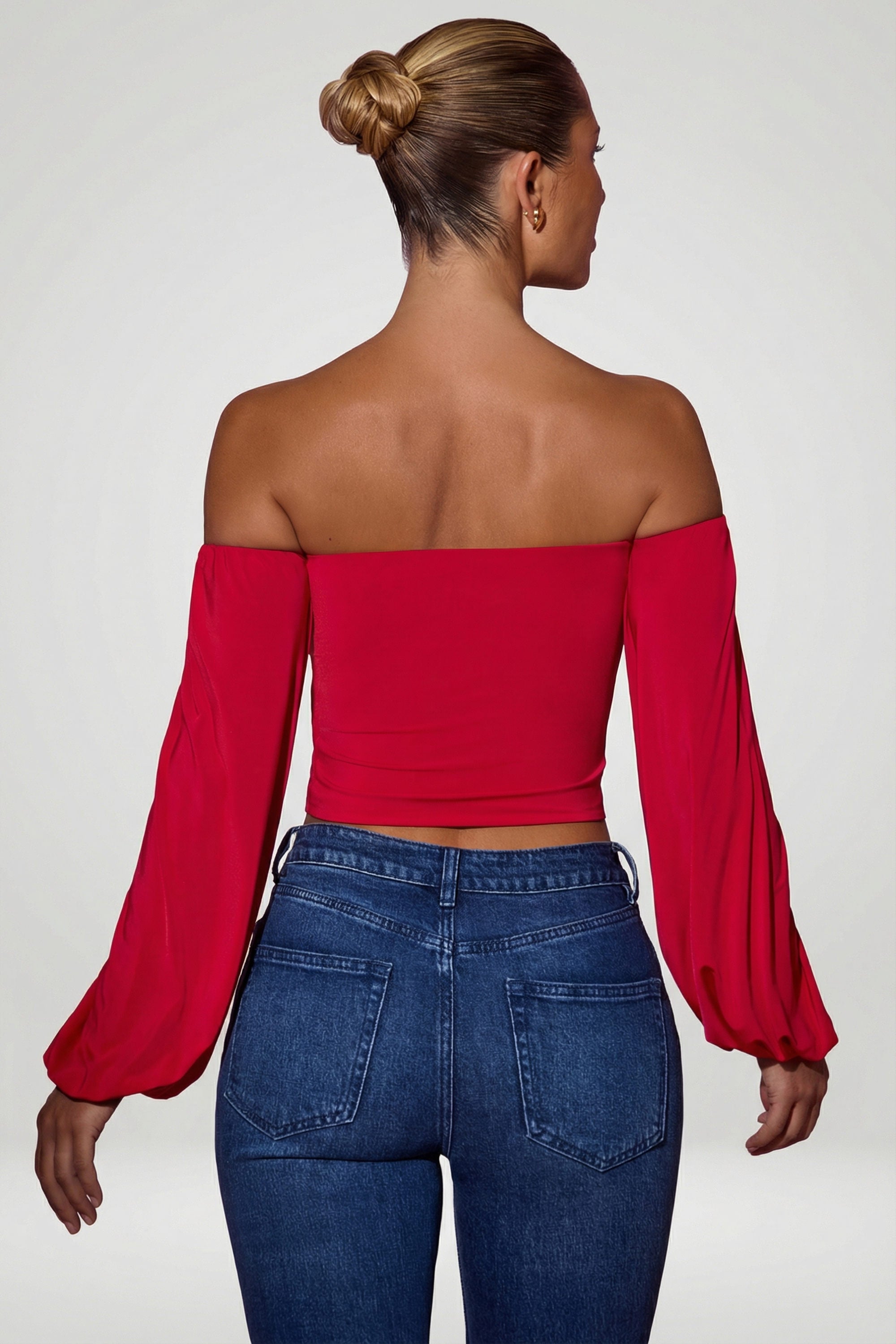 Off-Shoulder Draped Balloon-Sleeve Top in Red
