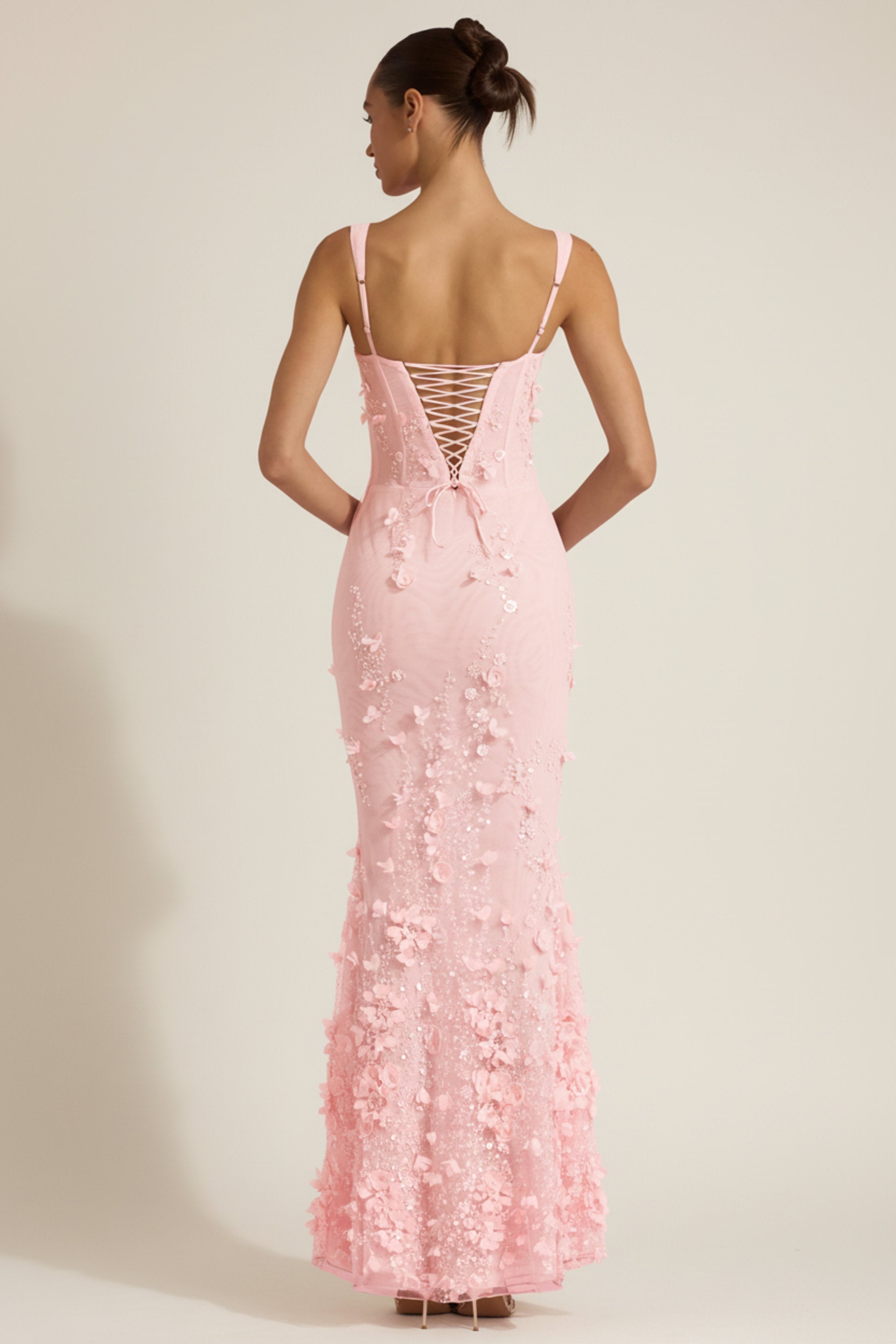 Embellished Appliqué Square-Neck Corset Gown in Pink