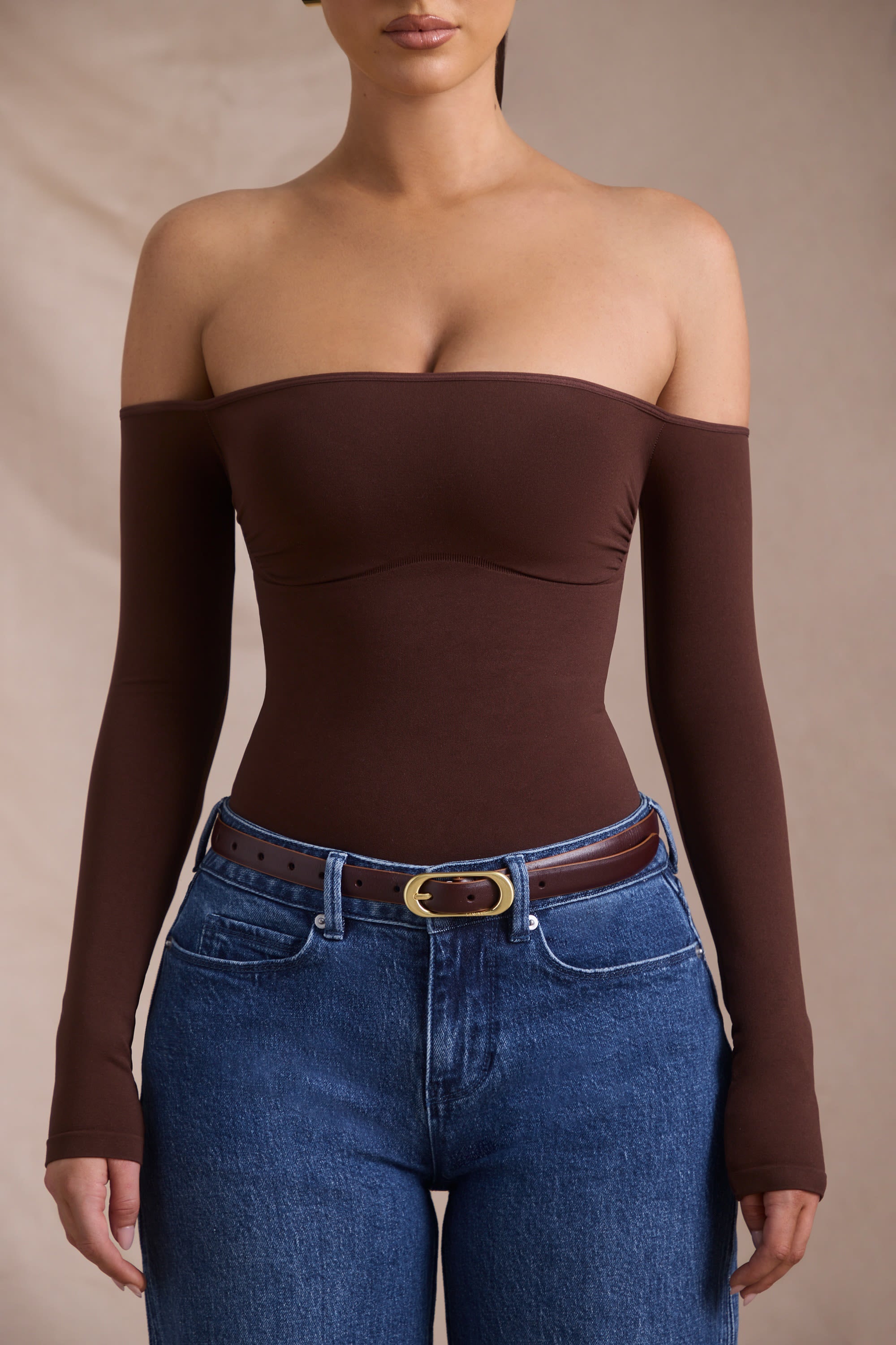 Seamless Off-Shoulder Long-Sleeve Bodysuit in Espresso