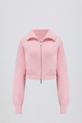 Ribbed Knit Zip-Up Cropped Sweatshirt in Pale Pink