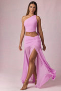 Asymmetric Ruched Maxi Skirt in Pink Orchid