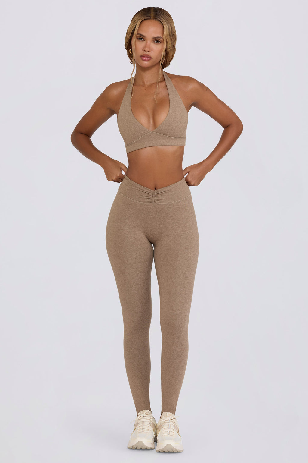 Brushed Jersey Ruched Mid-Rise Leggings in Mocha Marl