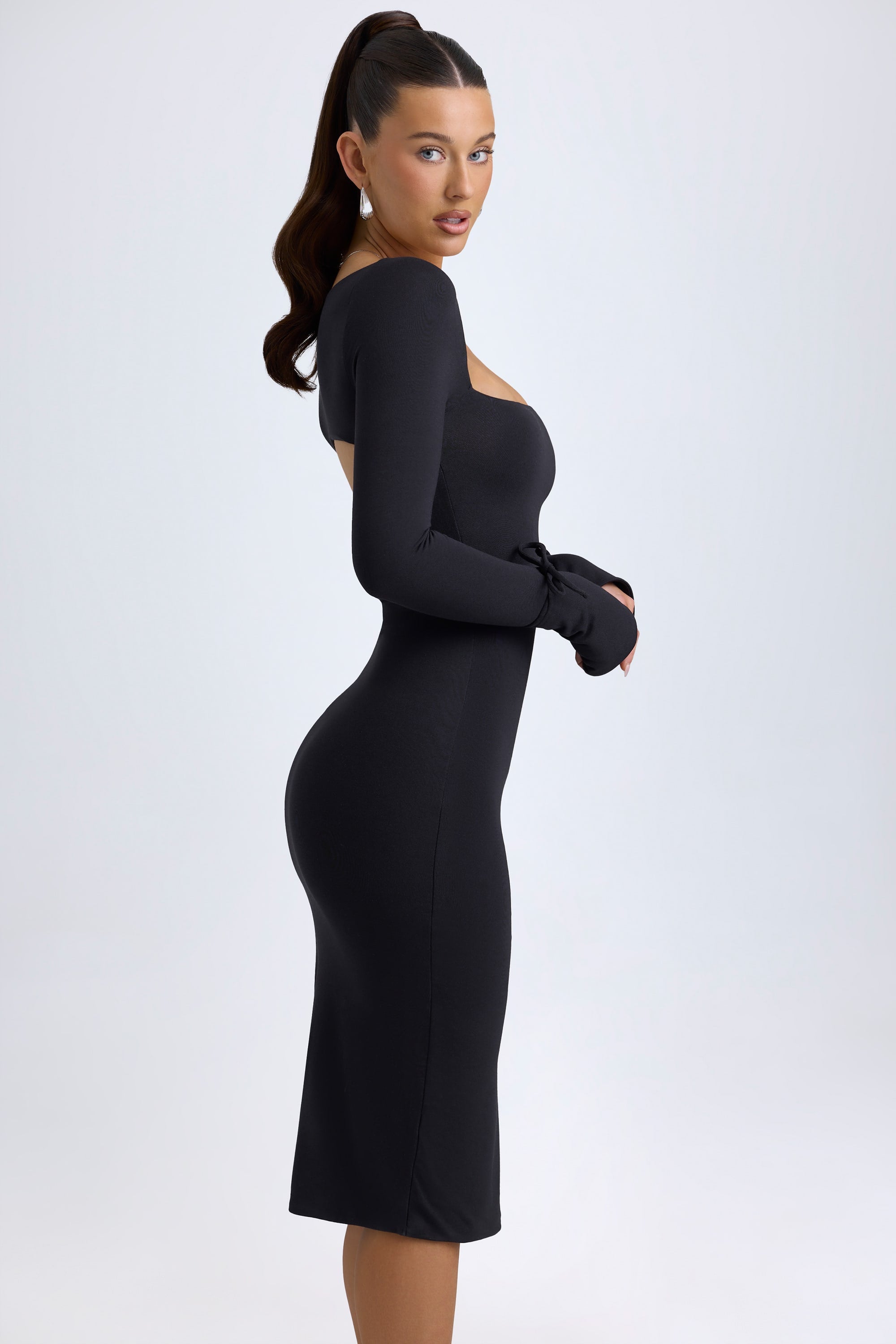 Modal Square-Neck Long-Sleeve Midi Dress in Black