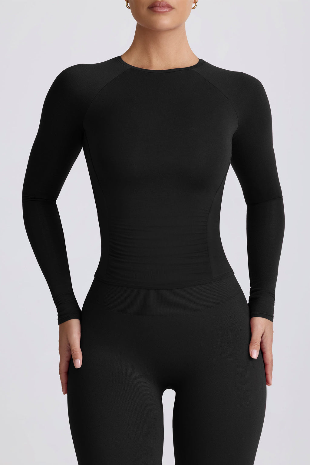 Modal Ruched Long-Sleeve Top in Black