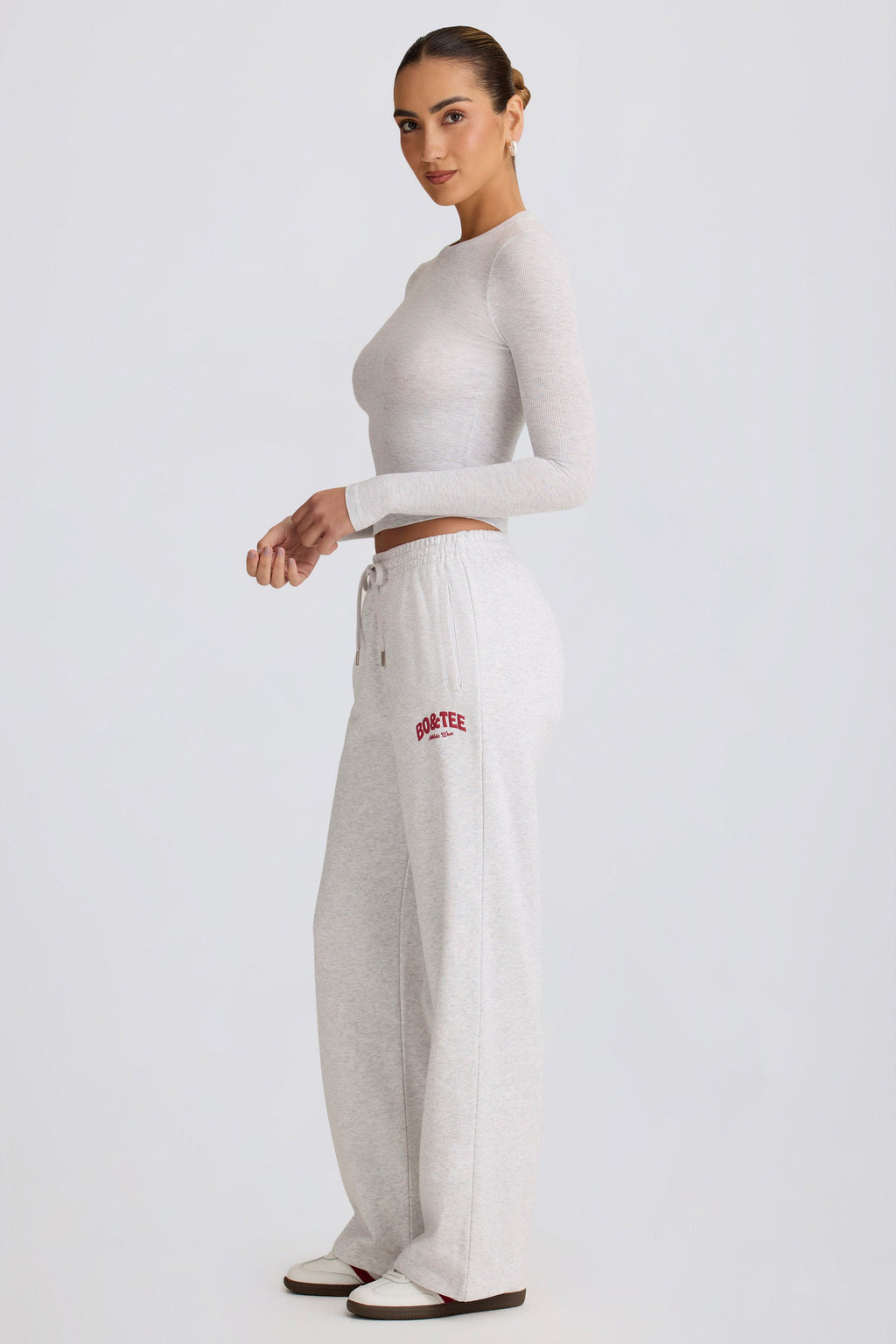 Soft Cotton Mid-Rise Wide-Leg Joggers in Grey Marl