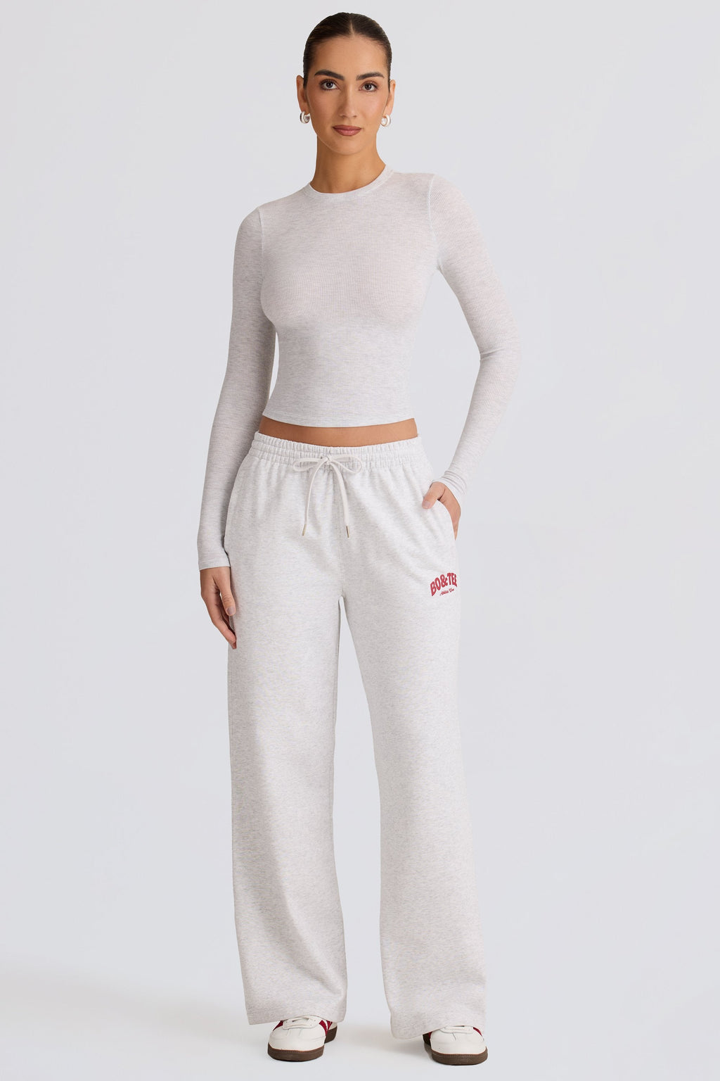 Soft Cotton Mid-Rise Wide-Leg Joggers in Grey Marl